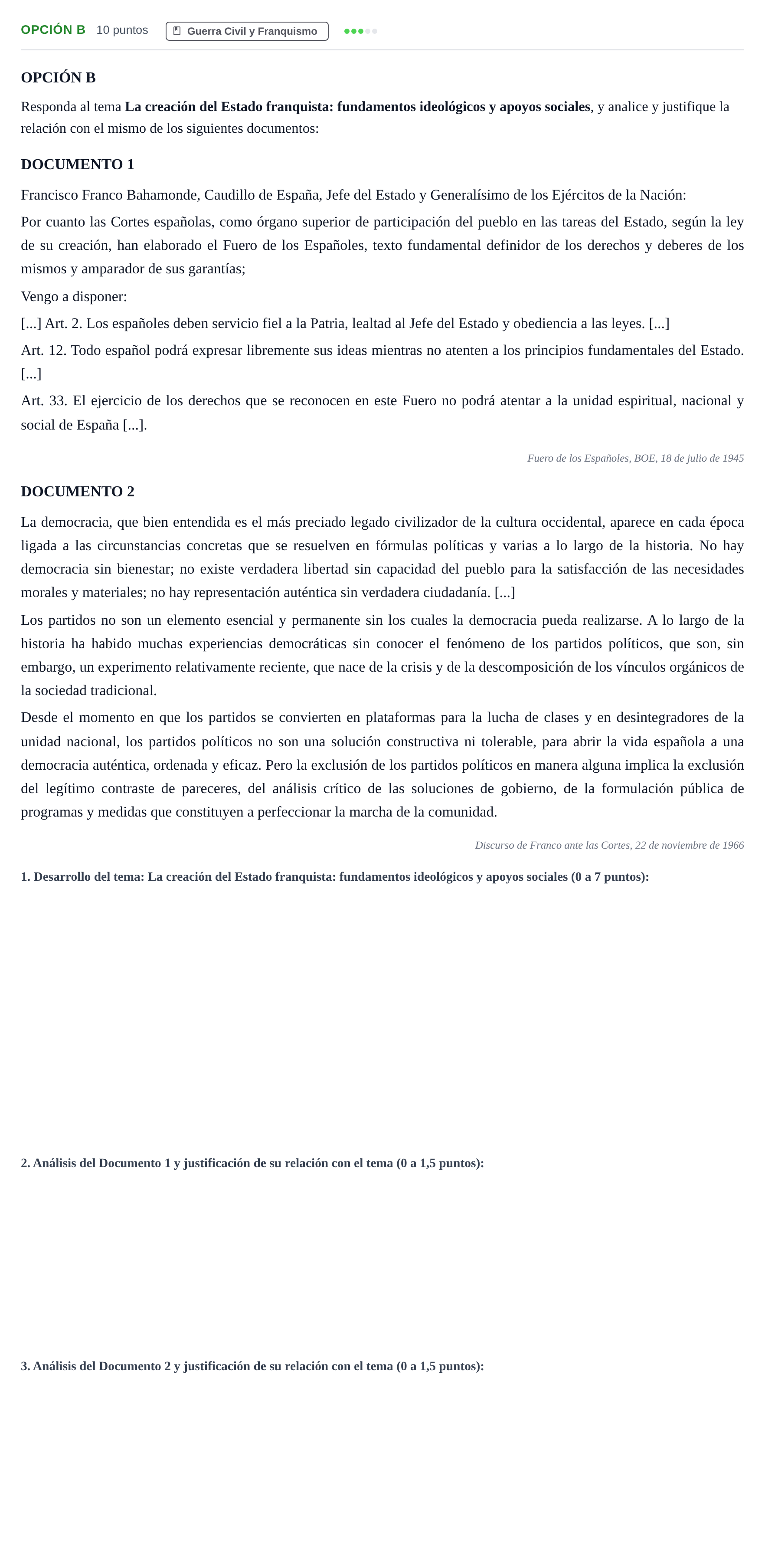 Enunciado: Opción B · Historia de España PAU Andalucía Extraordinaria Reserva B 2013