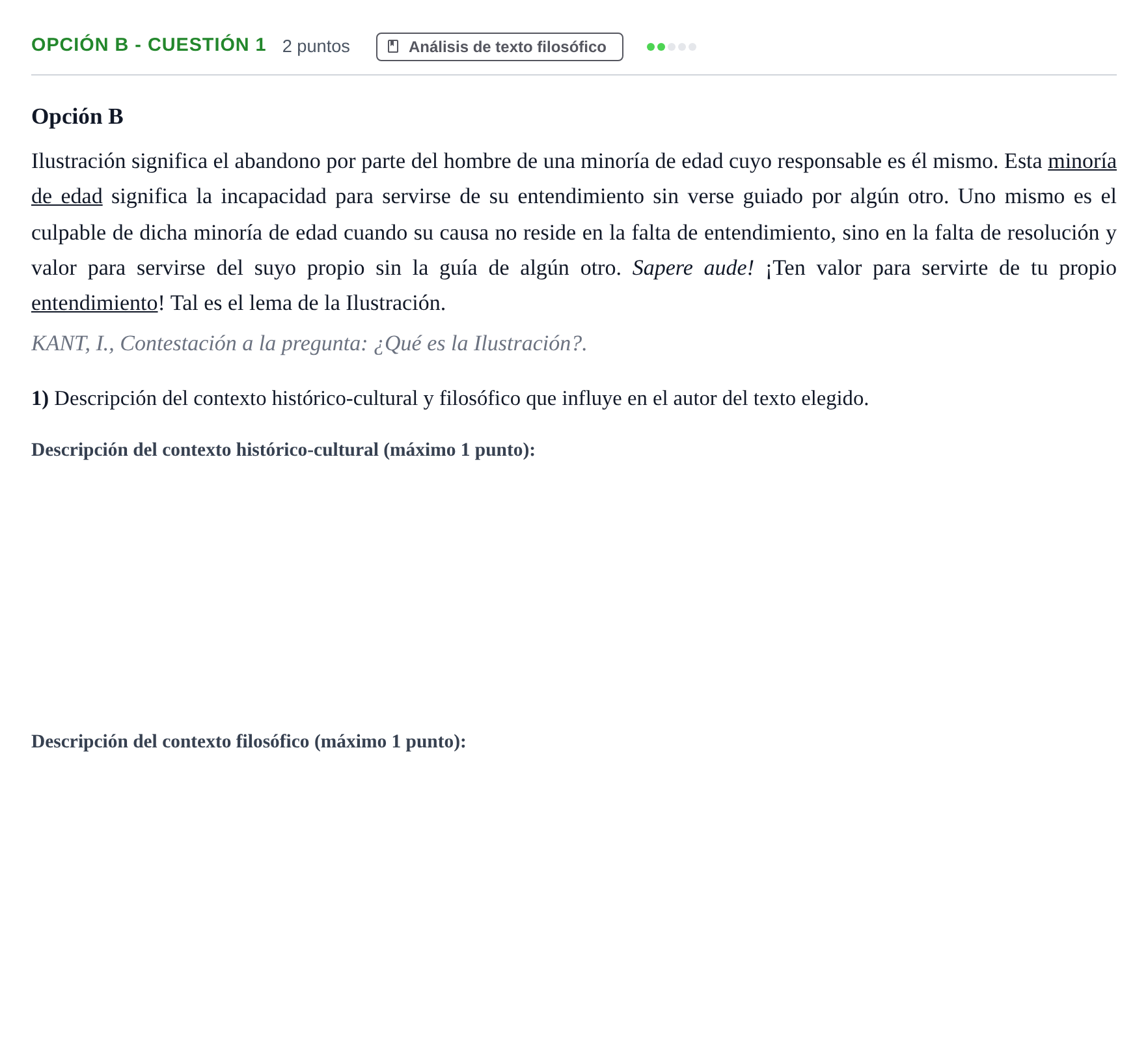 Enunciado: Opción B - Cuestión 1 · Historia de la Filosofía PAU Andalucía Extraordinaria Reserva B 2013