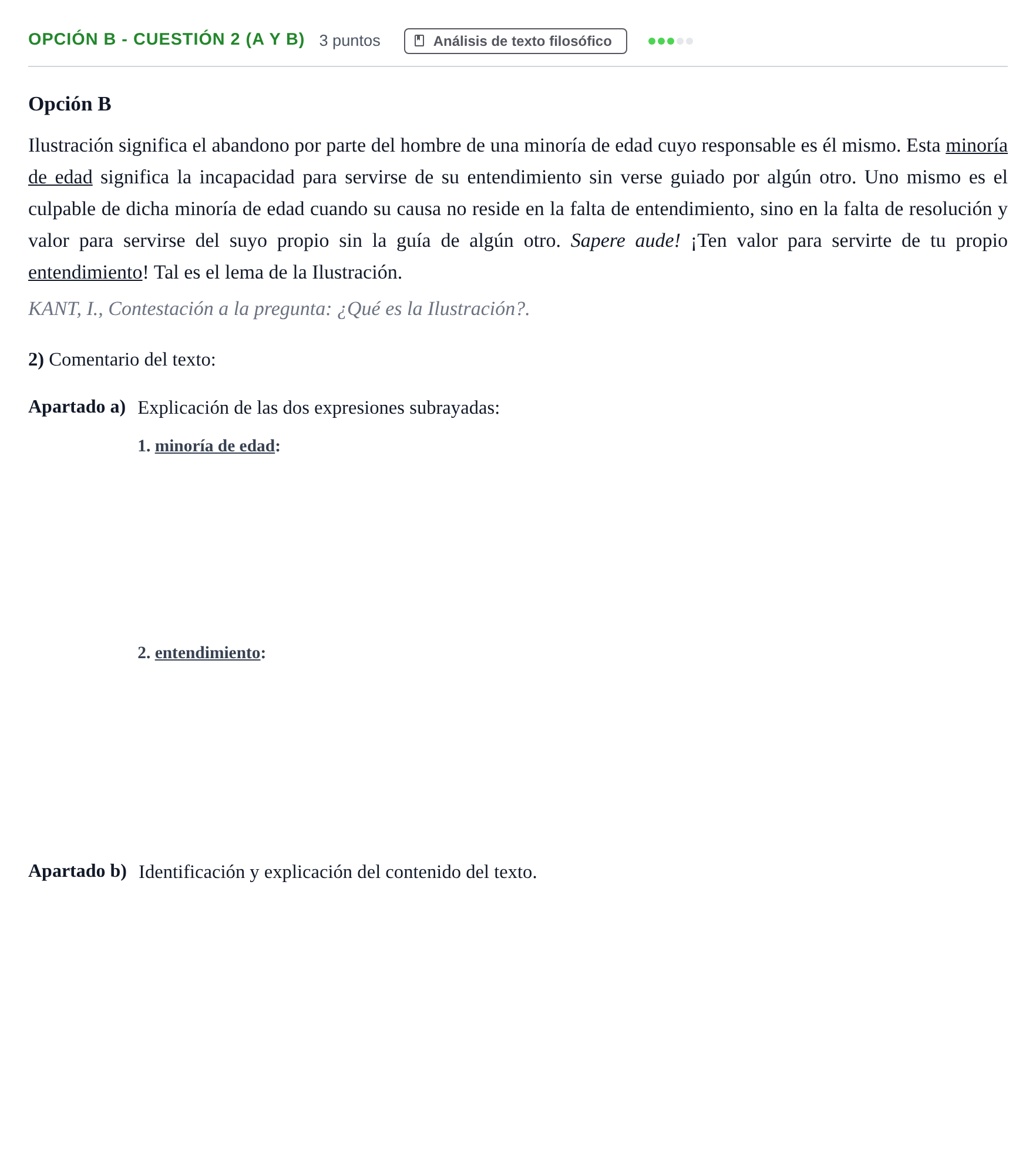 Enunciado: Opción B - Cuestión 2 (a y b) · Historia de la Filosofía PAU Andalucía Extraordinaria Reserva B 2013