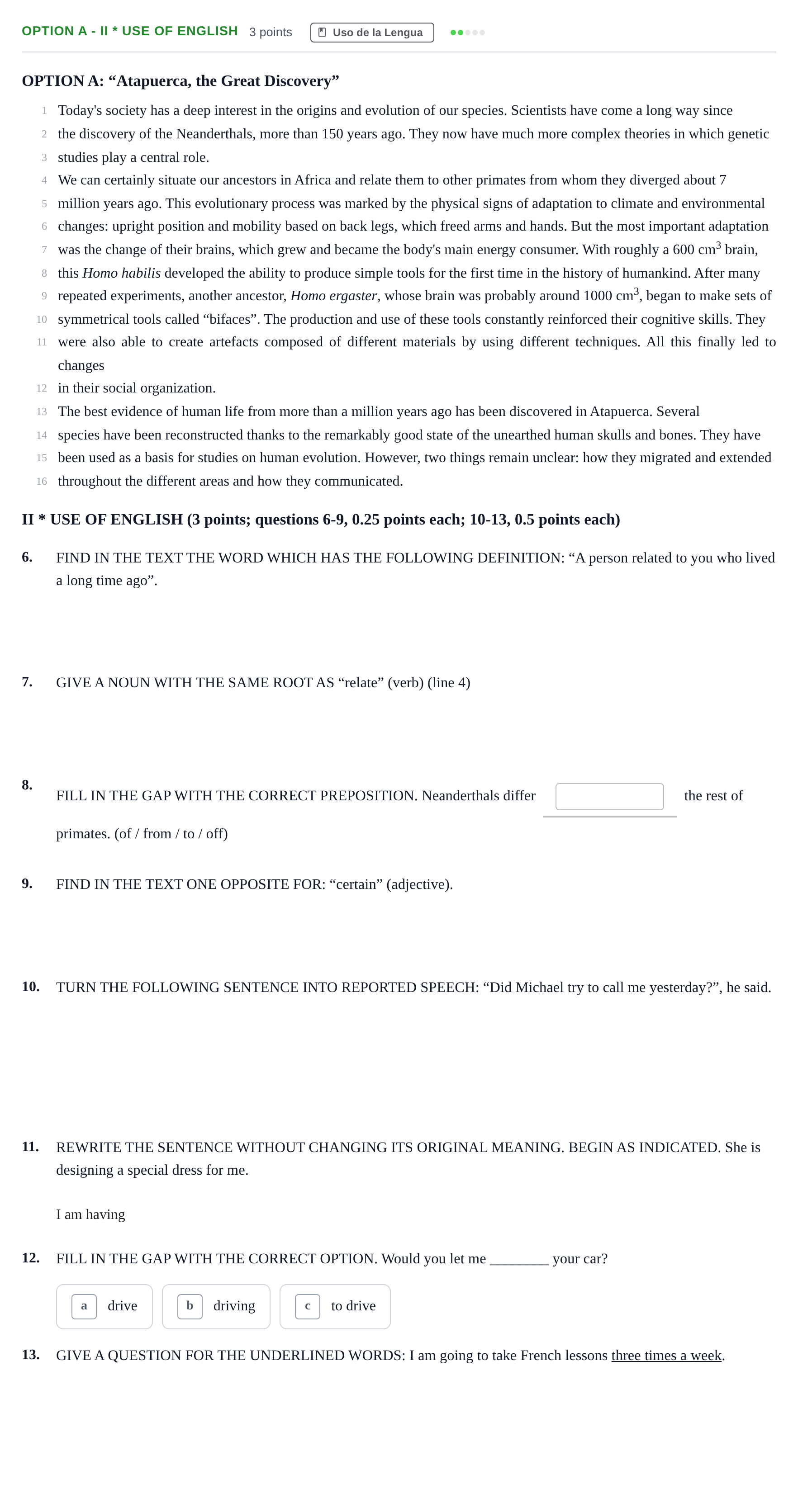 Enunciado: Ejercicio Option A - II * USE OF ENGLISH · Inglés PAU Andalucía Extraordinaria Reserva B 2013
