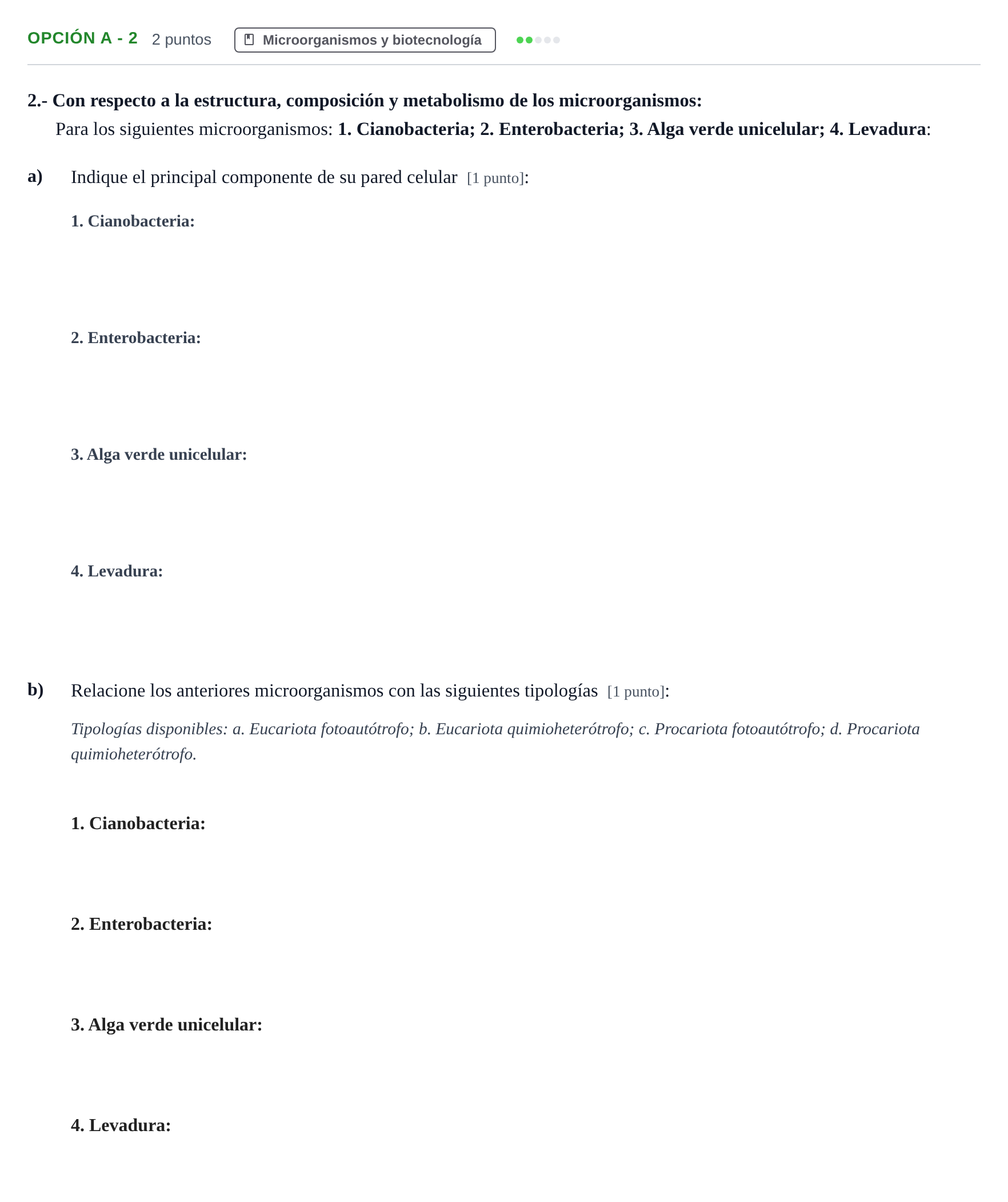 Enunciado: Opción A - 2 · Biología PAU Madrid Ordinaria 2018