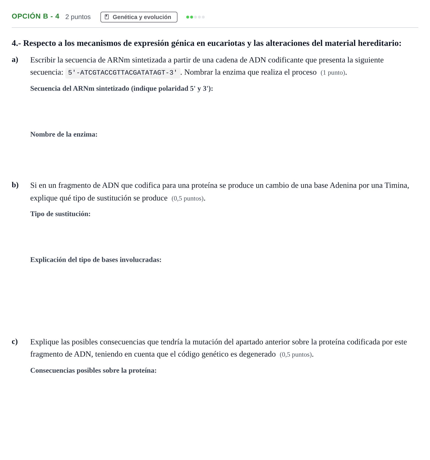 Enunciado: Opción B - 4 · Biología PAU Madrid Modelo 2018