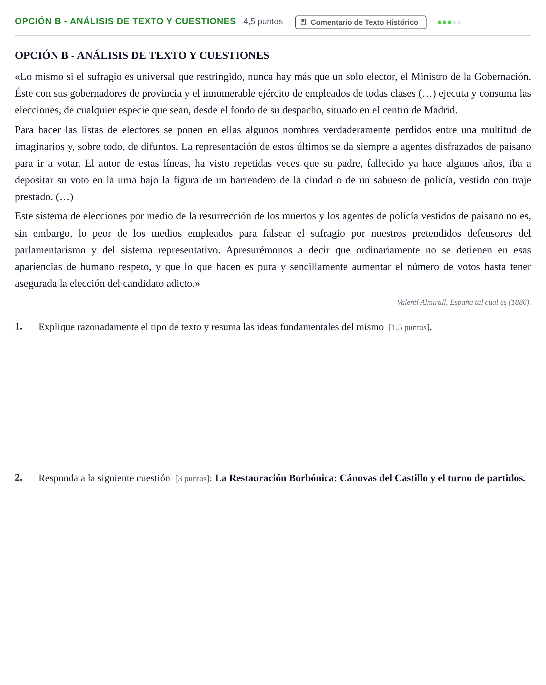 Enunciado: Opción B - Análisis de texto y cuestiones · Historia de España PAU Madrid Extraordinaria 2018