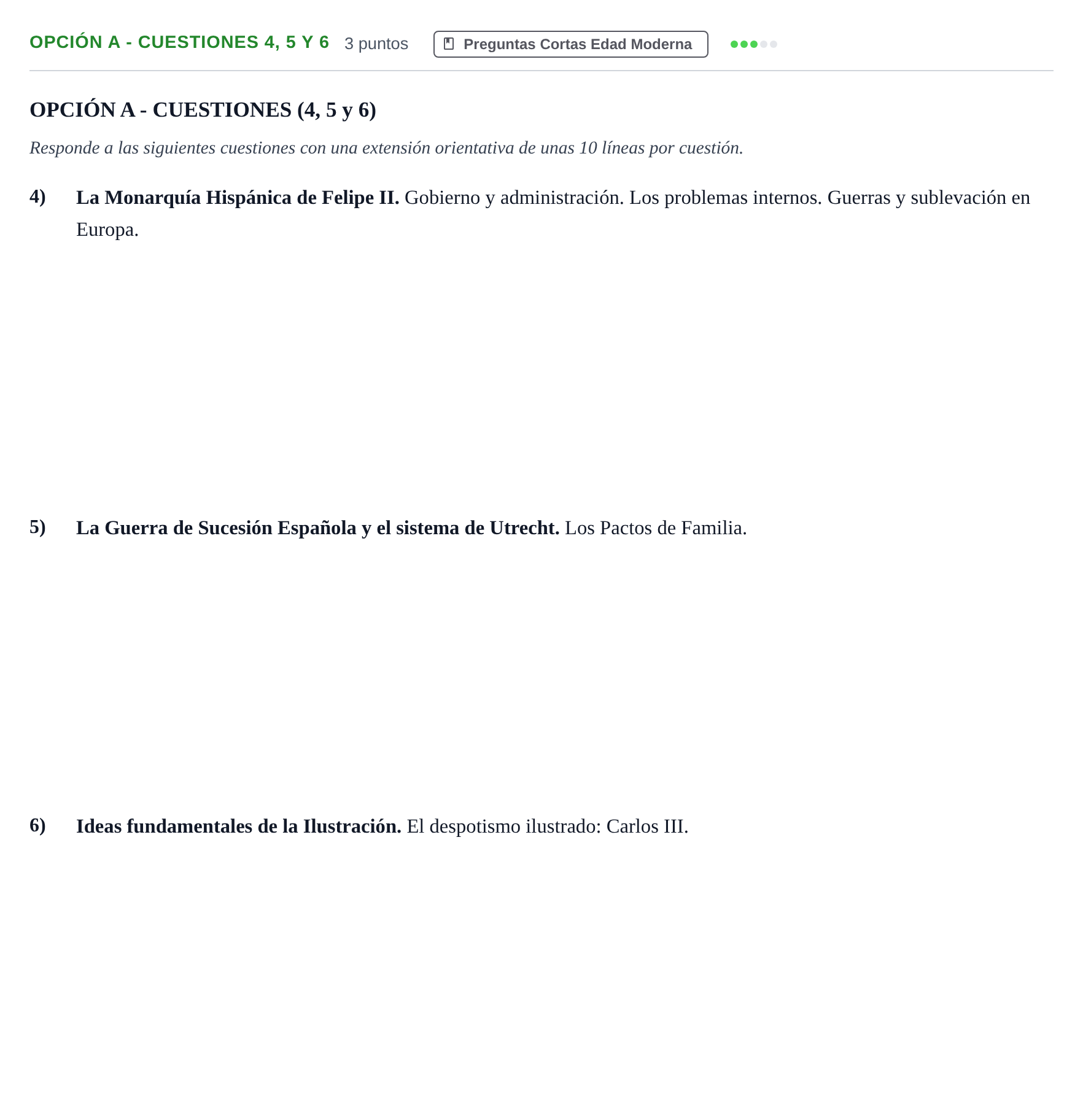 Enunciado: Opción A - Cuestiones 4, 5 y 6 · Historia de España PAU Madrid Modelo 2018
