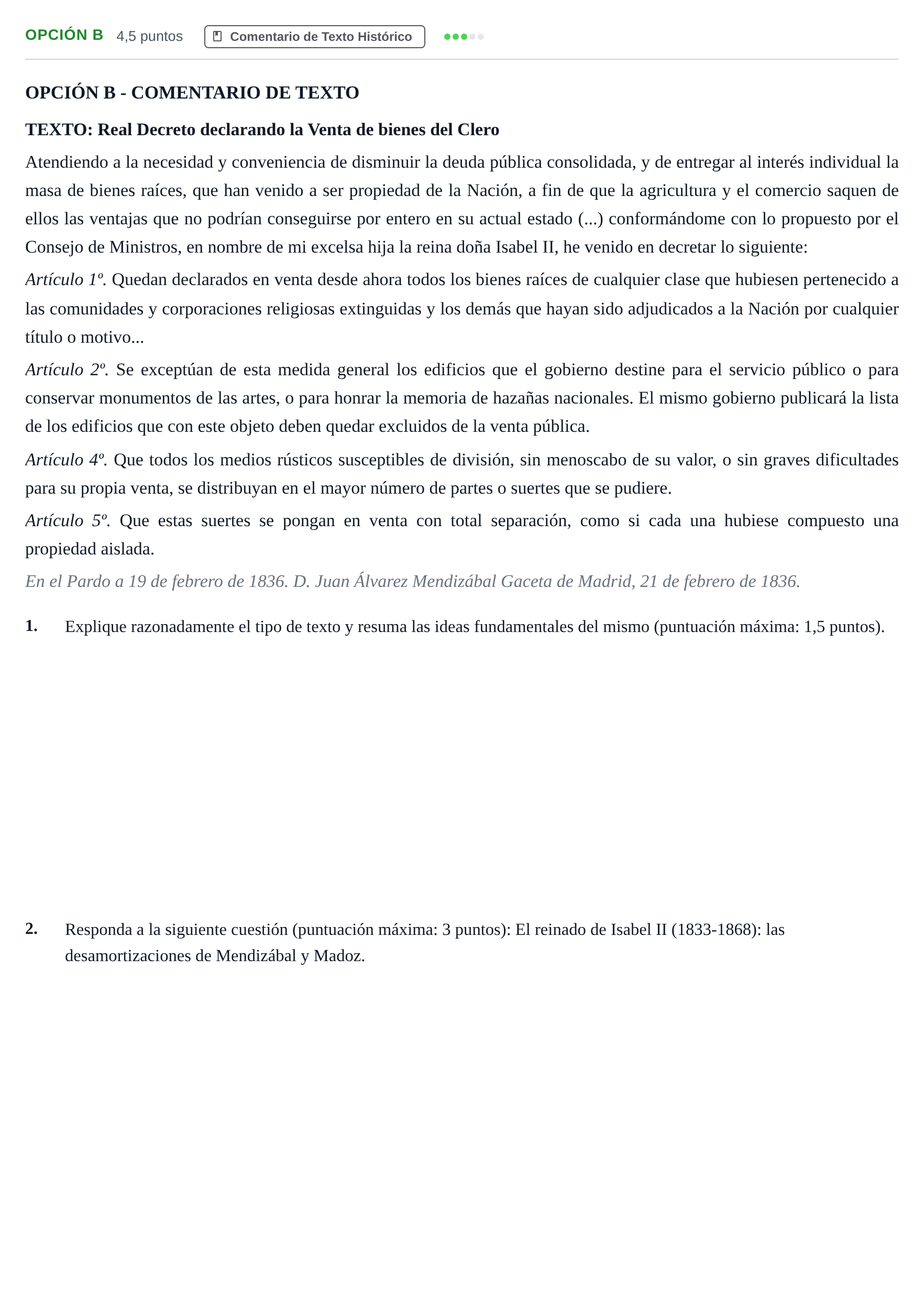 Enunciado: Opción B - Comentario de texto · Historia de España PAU Madrid Modelo 2018