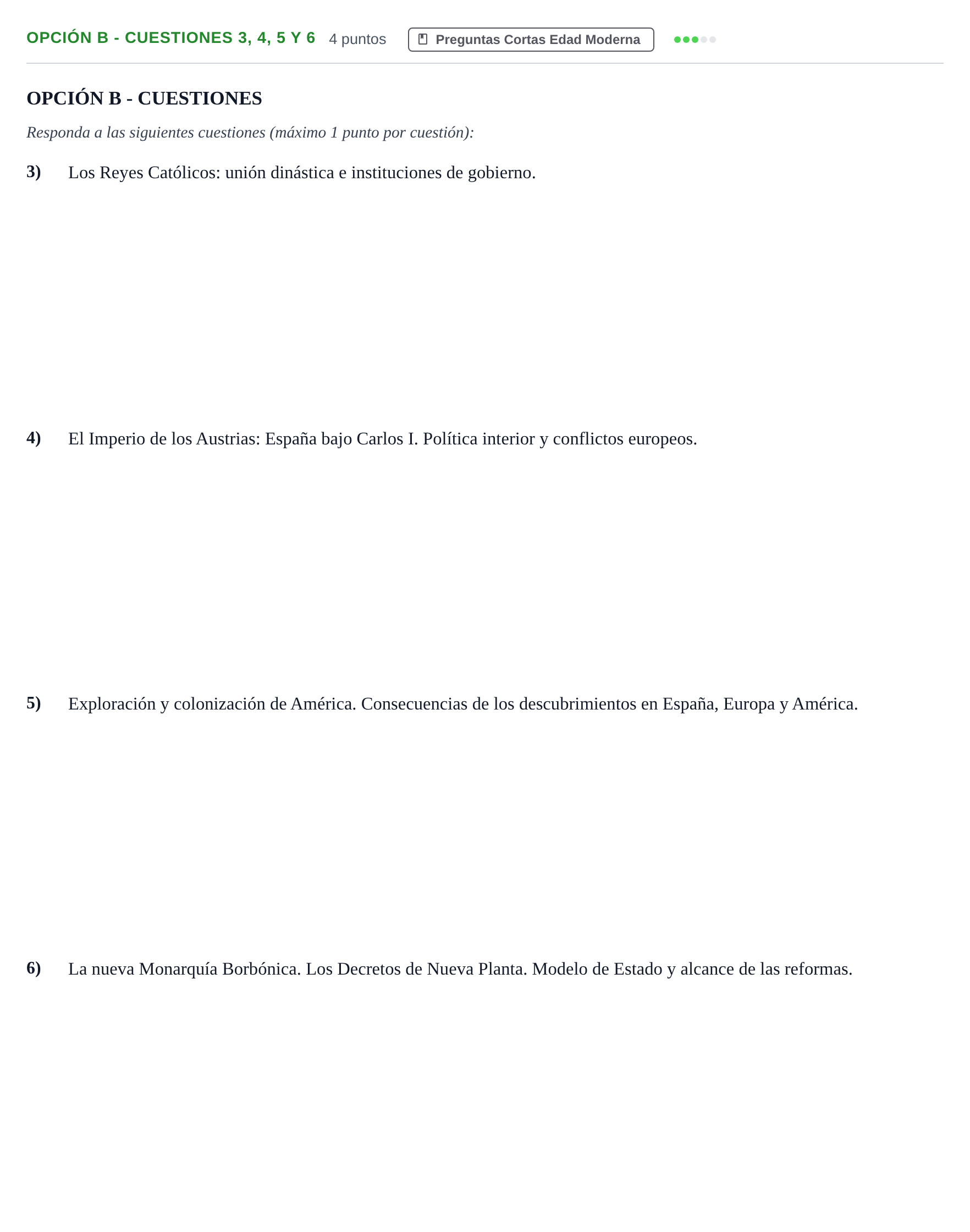 Enunciado: Opción B - Cuestiones 3, 4, 5 y 6 · Historia de España PAU Madrid Modelo 2018