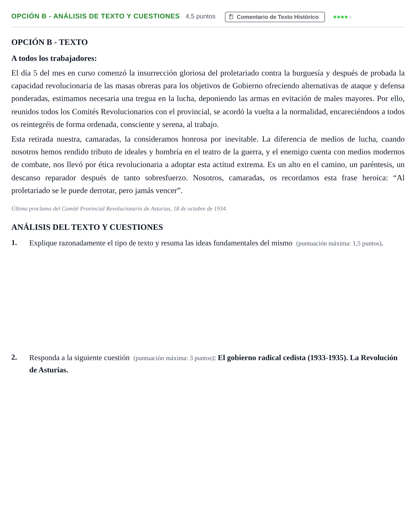 Enunciado: Opción B - Análisis de texto y cuestiones · Historia de España PAU Madrid Ordinaria 2018