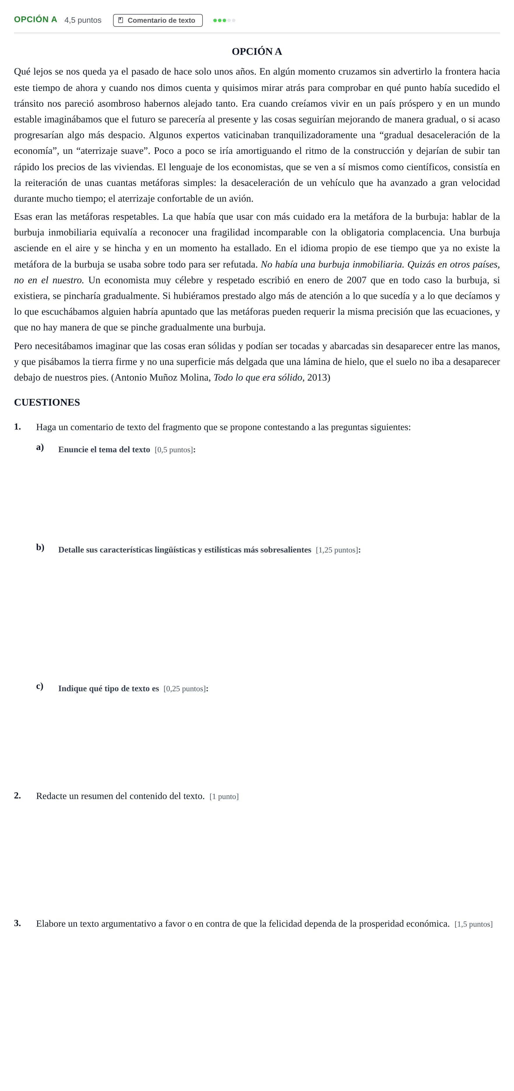 Enunciado: Opción A · Lengua Castellana y Literatura II PAU Madrid Modelo 2018