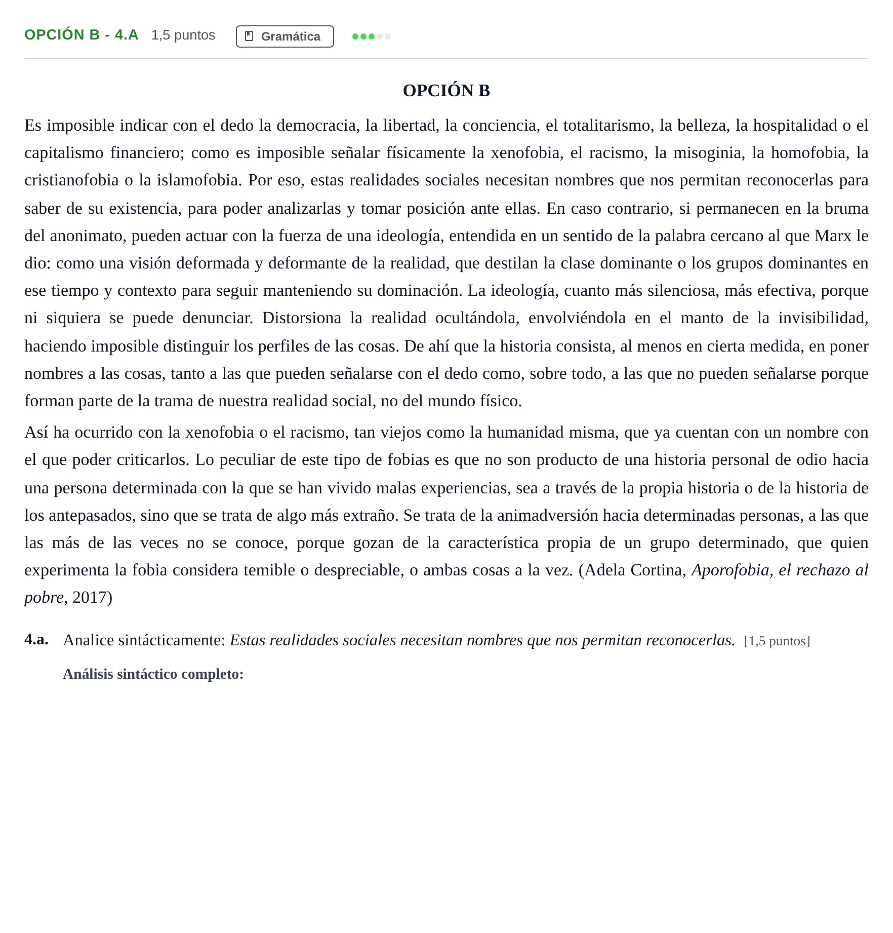 Enunciado: Opción B - 4.a · Lengua Castellana y Literatura II PAU Madrid Extraordinaria 2018