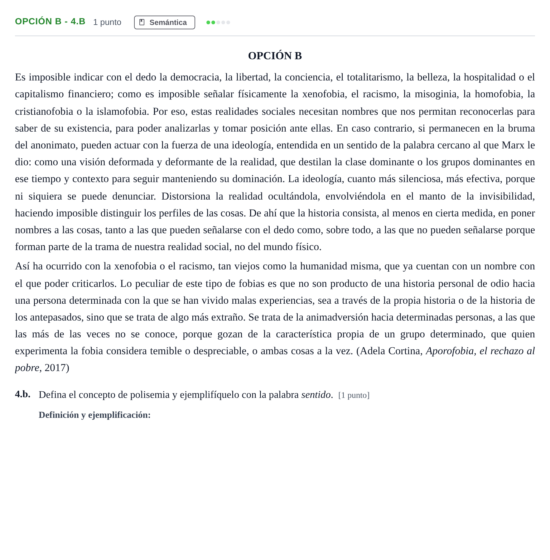 Enunciado: Opción B - 4.b · Lengua Castellana y Literatura II PAU Madrid Extraordinaria 2018