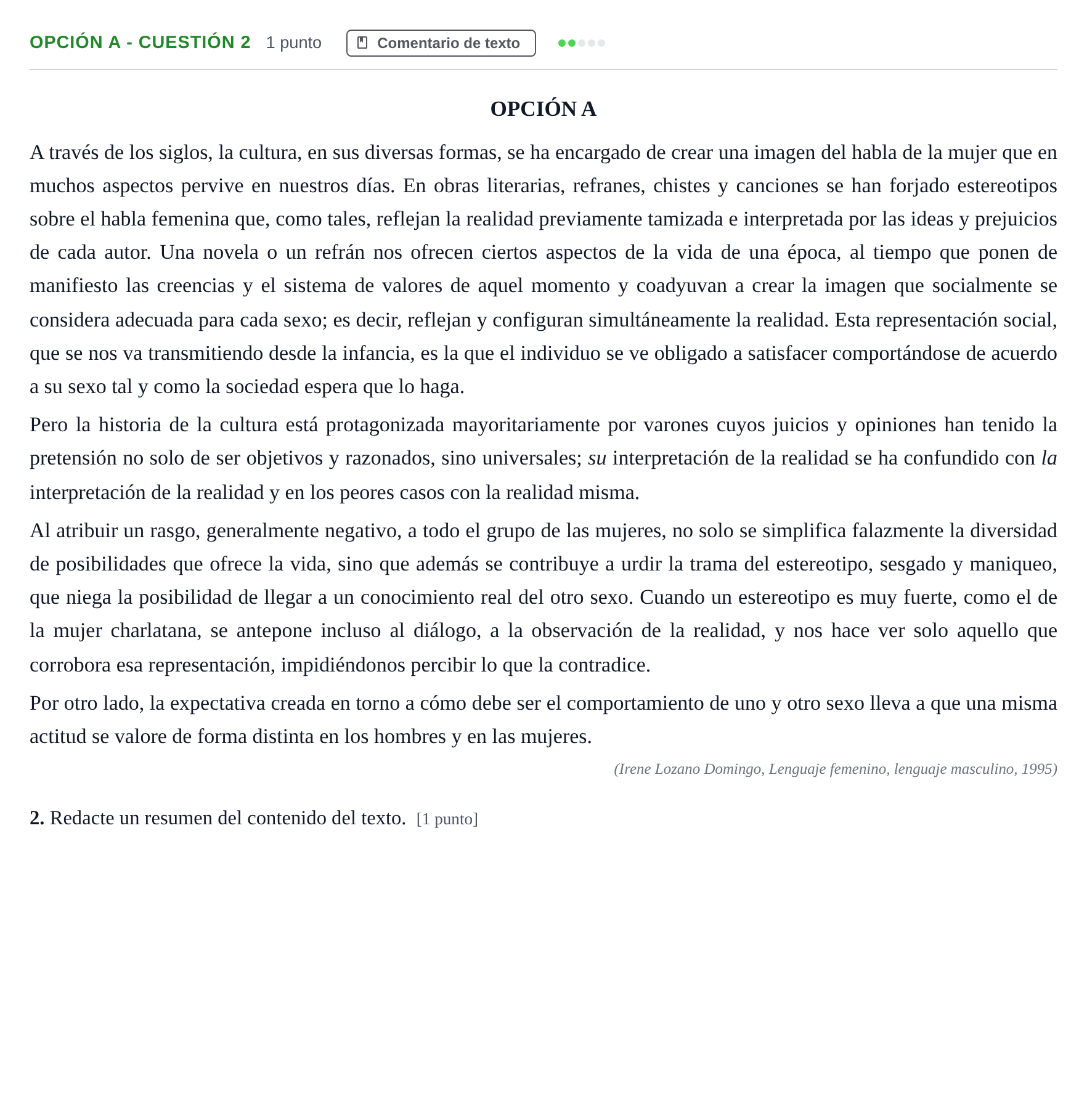 Enunciado: Opción A - Cuestión 2 · Lengua Castellana y Literatura II PAU Madrid Ordinaria 2018