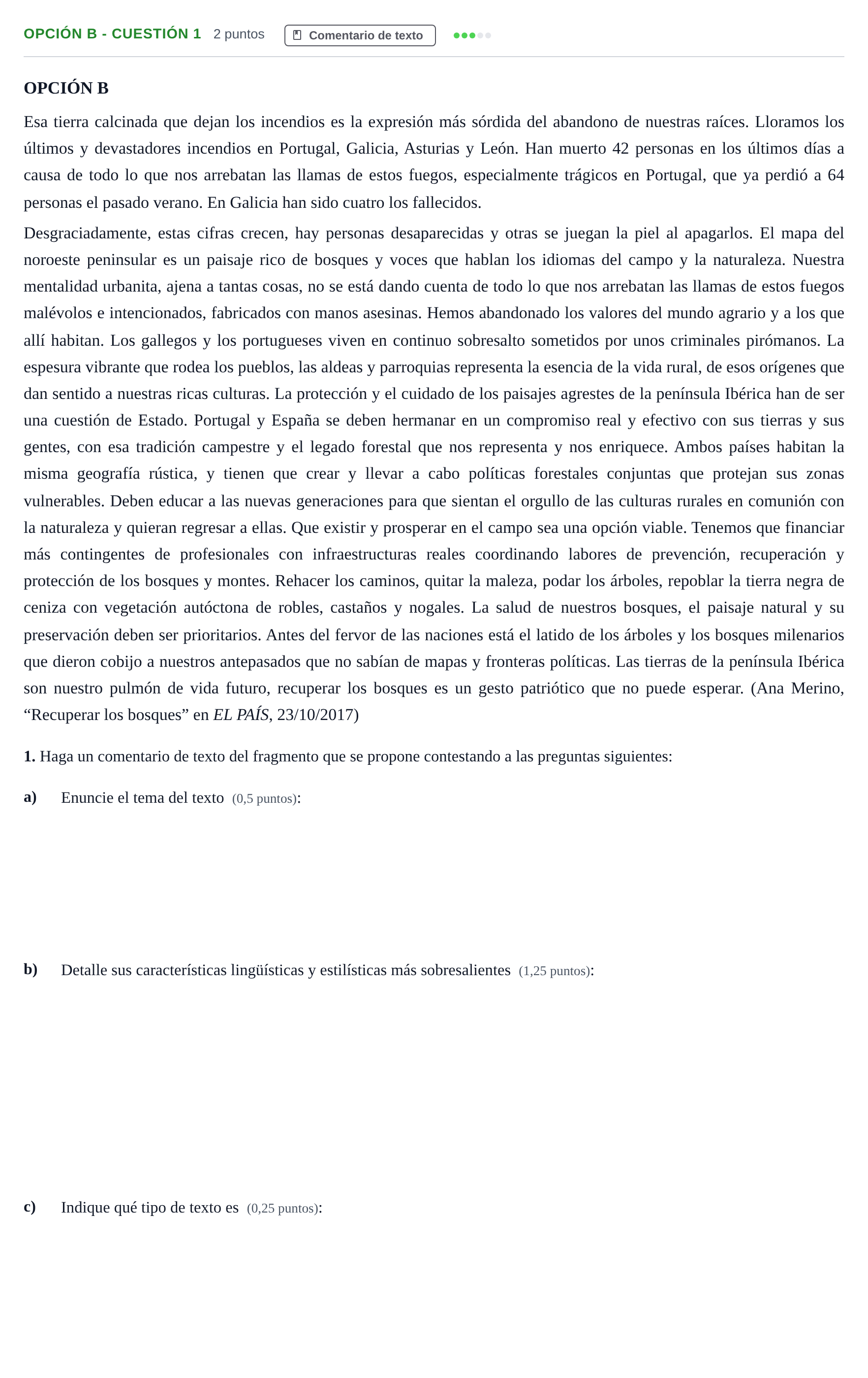 Enunciado: Opción B - Cuestión 1 · Lengua Castellana y Literatura II PAU Madrid Ordinaria 2018
