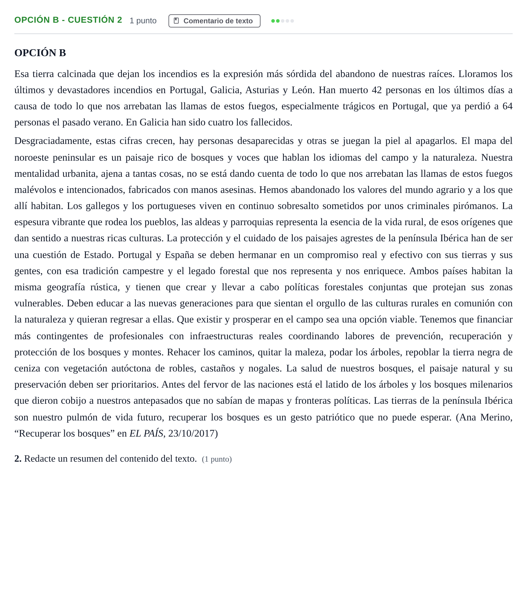 Enunciado: Opción B - Cuestión 2 · Lengua Castellana y Literatura II PAU Madrid Ordinaria 2018