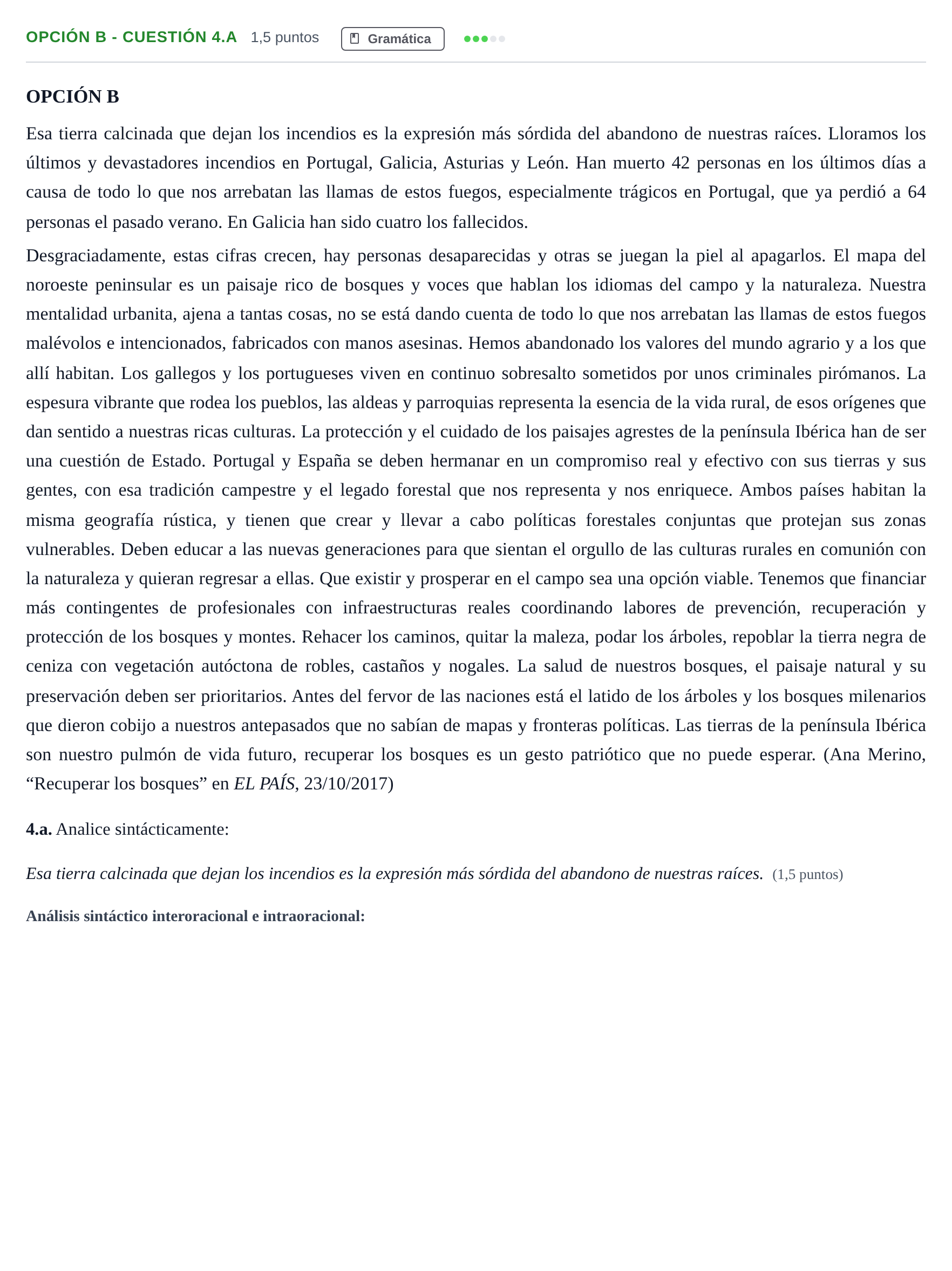 Enunciado: Opción B - Cuestión 4.a · Lengua Castellana y Literatura II PAU Madrid Ordinaria 2018