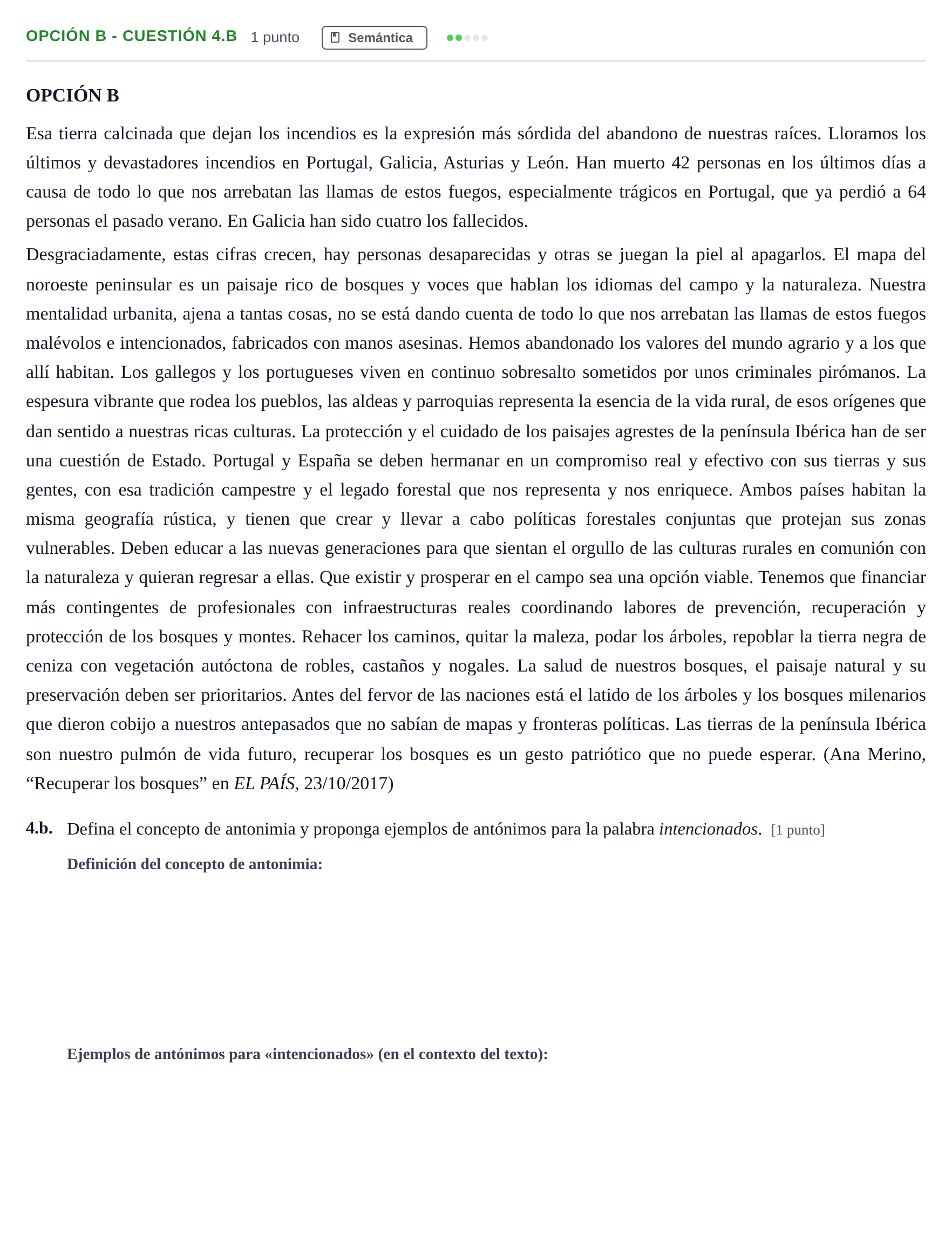 Enunciado: Opción B - Cuestión 4.b · Lengua Castellana y Literatura II PAU Madrid Ordinaria 2018