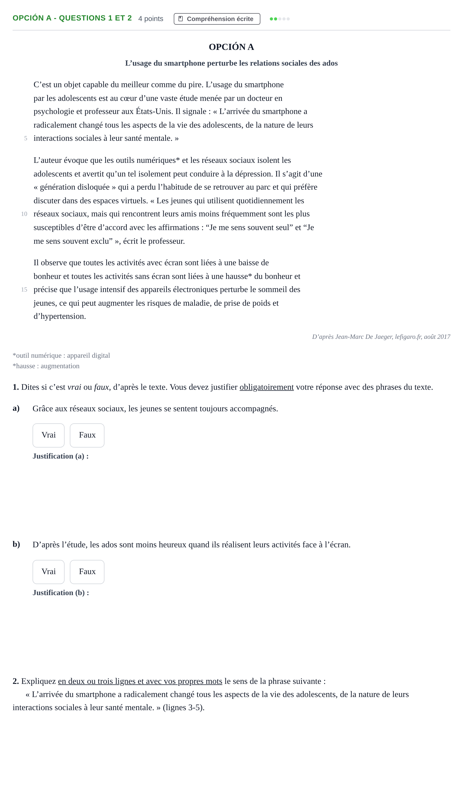 Enunciado: Opción A - Questions 1 et 2 · Francés PAU Madrid Extraordinaria 2018