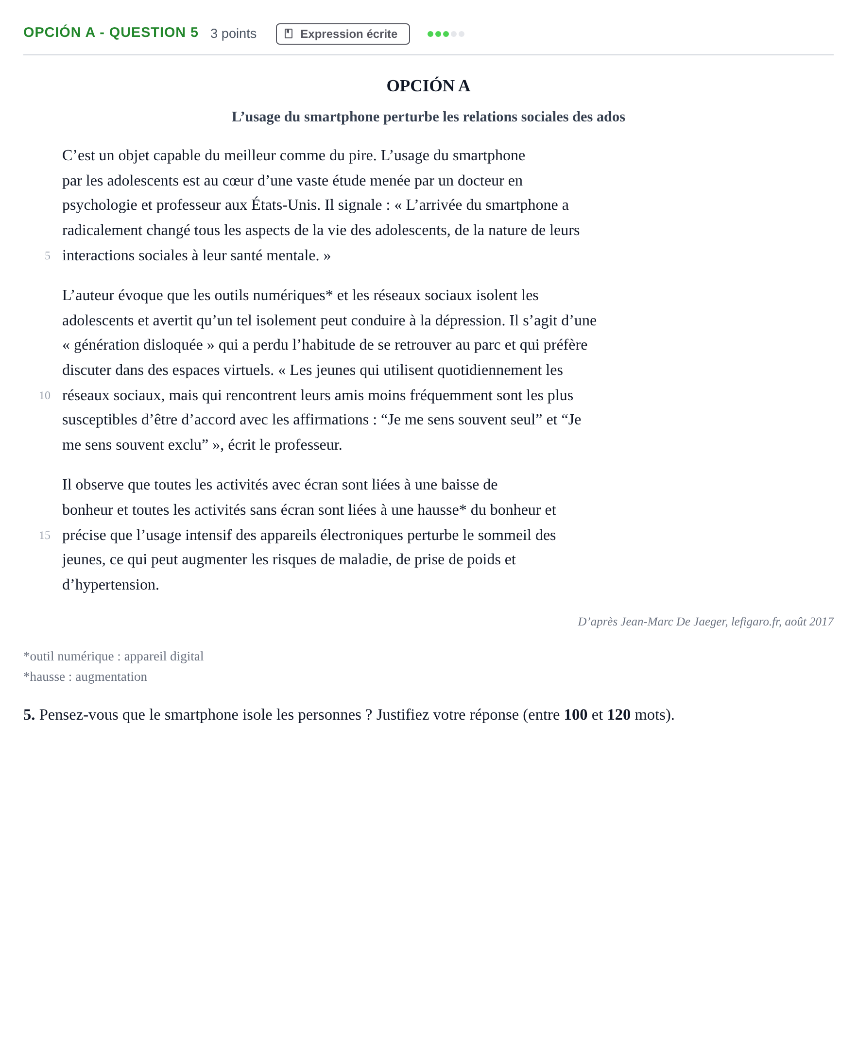 Enunciado: Opción A - Question 5 · Francés PAU Madrid Extraordinaria 2018