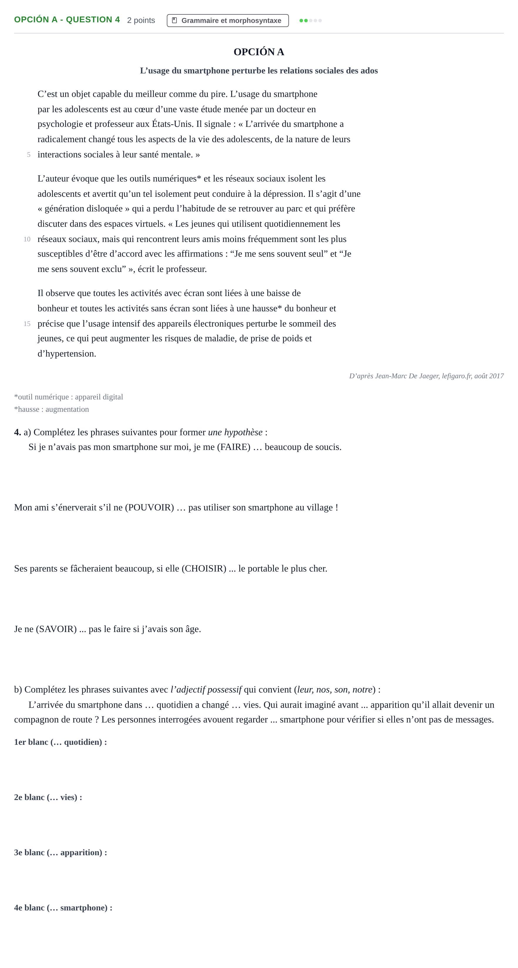 Enunciado: Opción A - Question 4 · Francés PAU Madrid Extraordinaria 2018