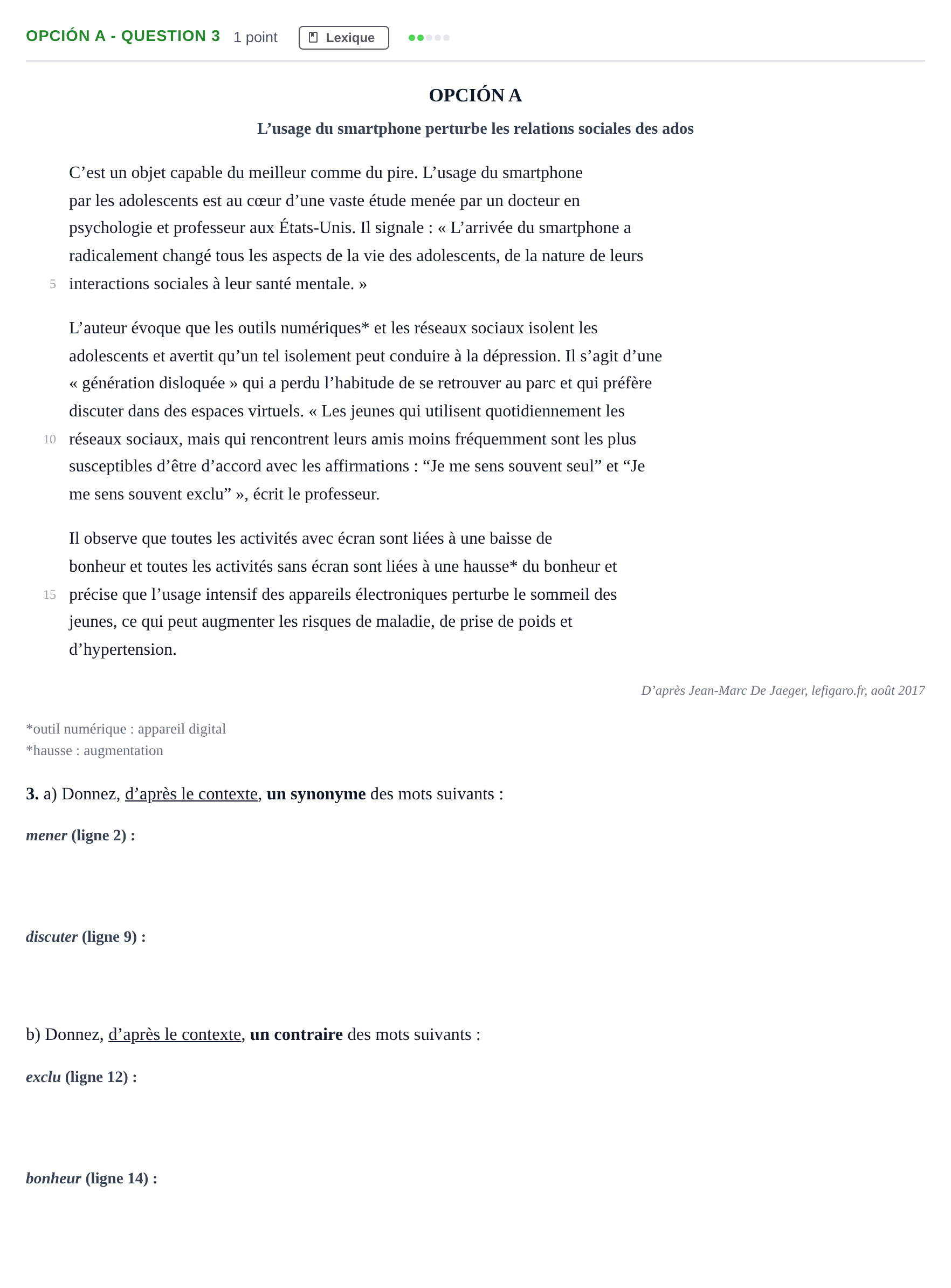 Enunciado: Opción A - Question 3 · Francés PAU Madrid Extraordinaria 2018