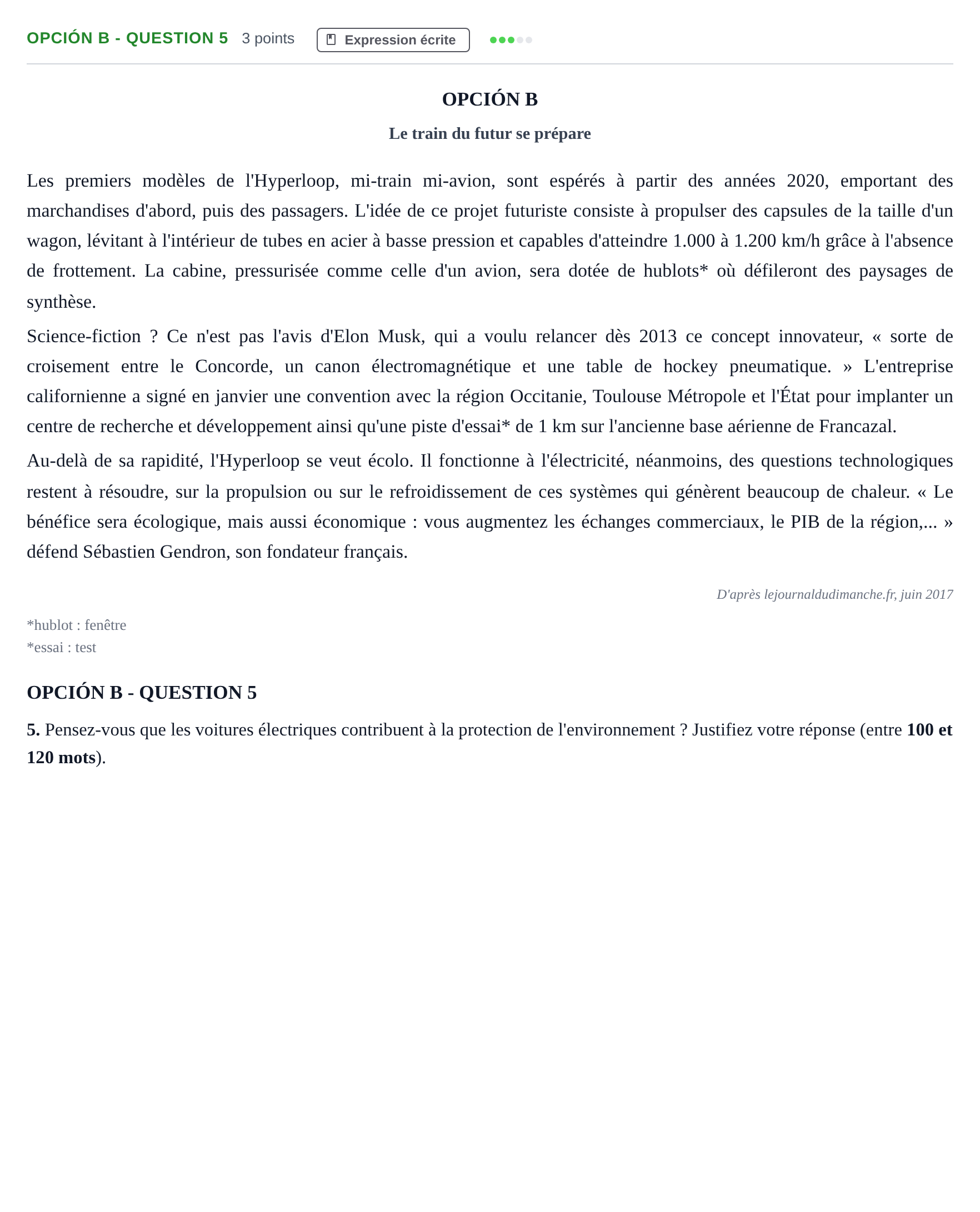 Enunciado: Opción B - Question 5 · Francés PAU Madrid Extraordinaria 2018