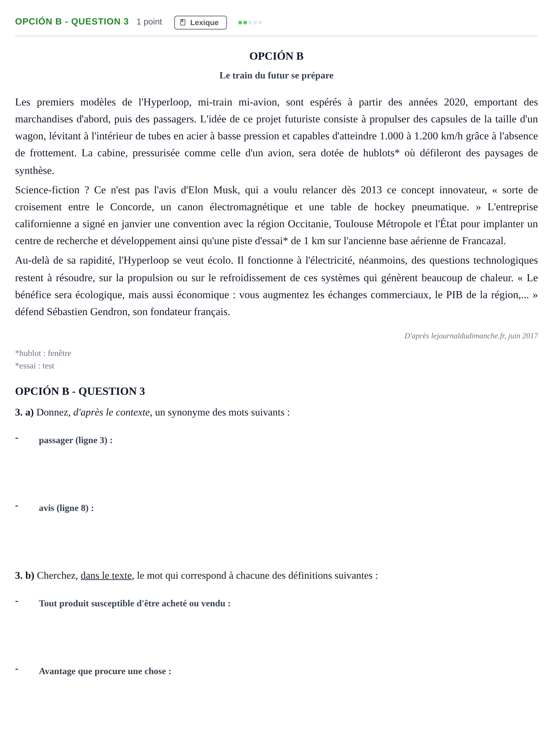 Enunciado: Opción B - Question 3 · Francés PAU Madrid Extraordinaria 2018