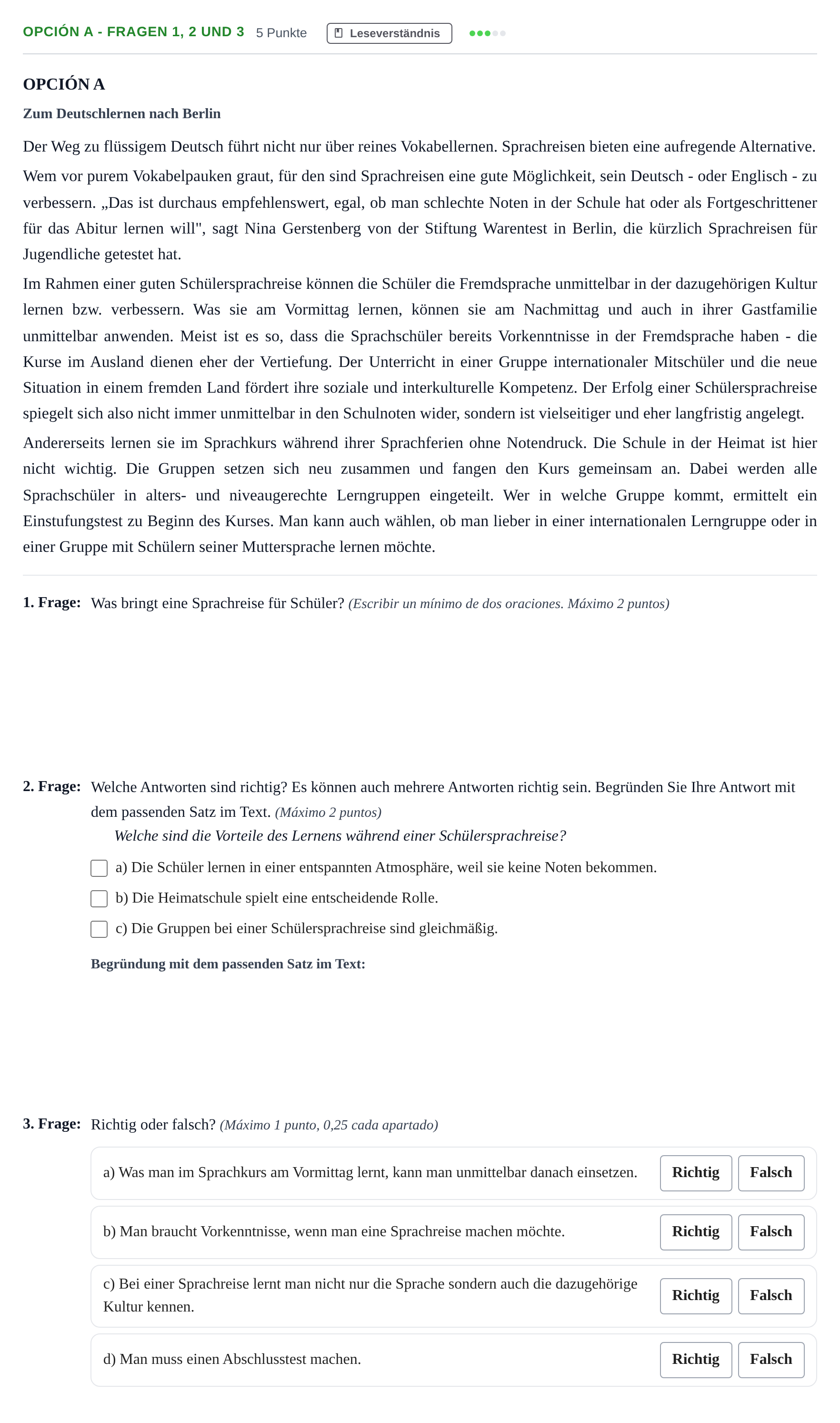Enunciado: Opción A - Fragen 1, 2 und 3 · Alemán PAU Madrid Ordinaria (2ª lengua) 2018