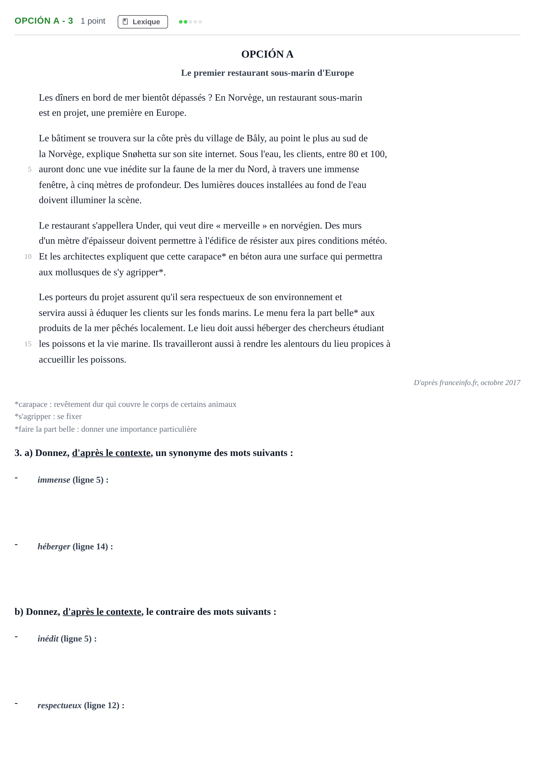 Enunciado: Opción A - 3 · Francés PAU Madrid Extraordinaria (2ª lengua) 2018