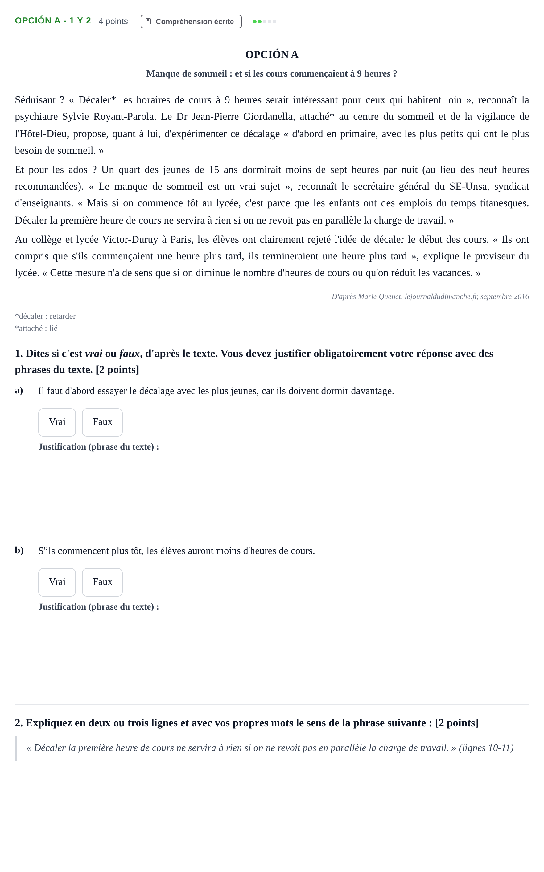 Enunciado: Opción A - 1 y 2 · Francés PAU Madrid Modelo 2018
