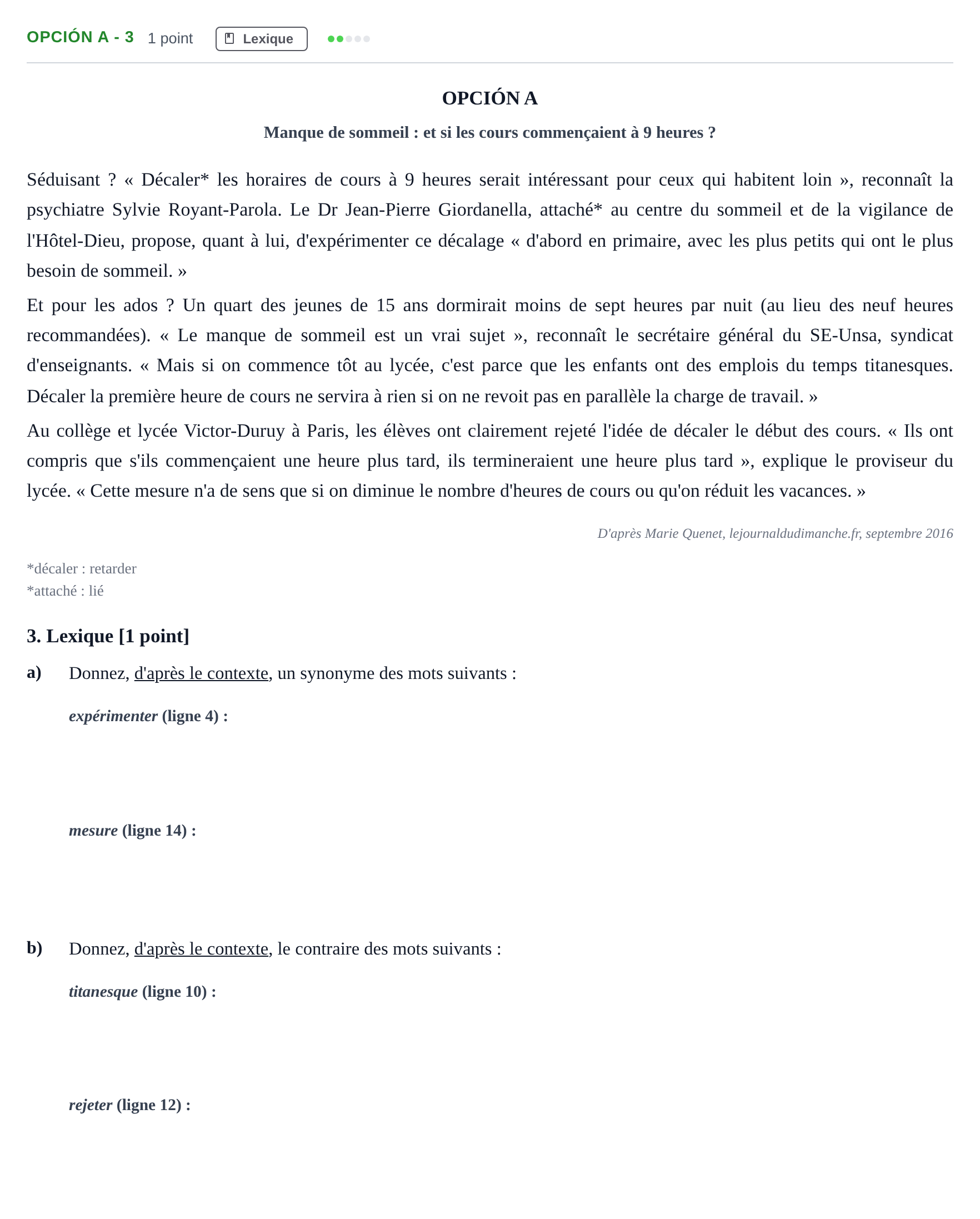 Enunciado: Opción A - 3 · Francés PAU Madrid Modelo 2018