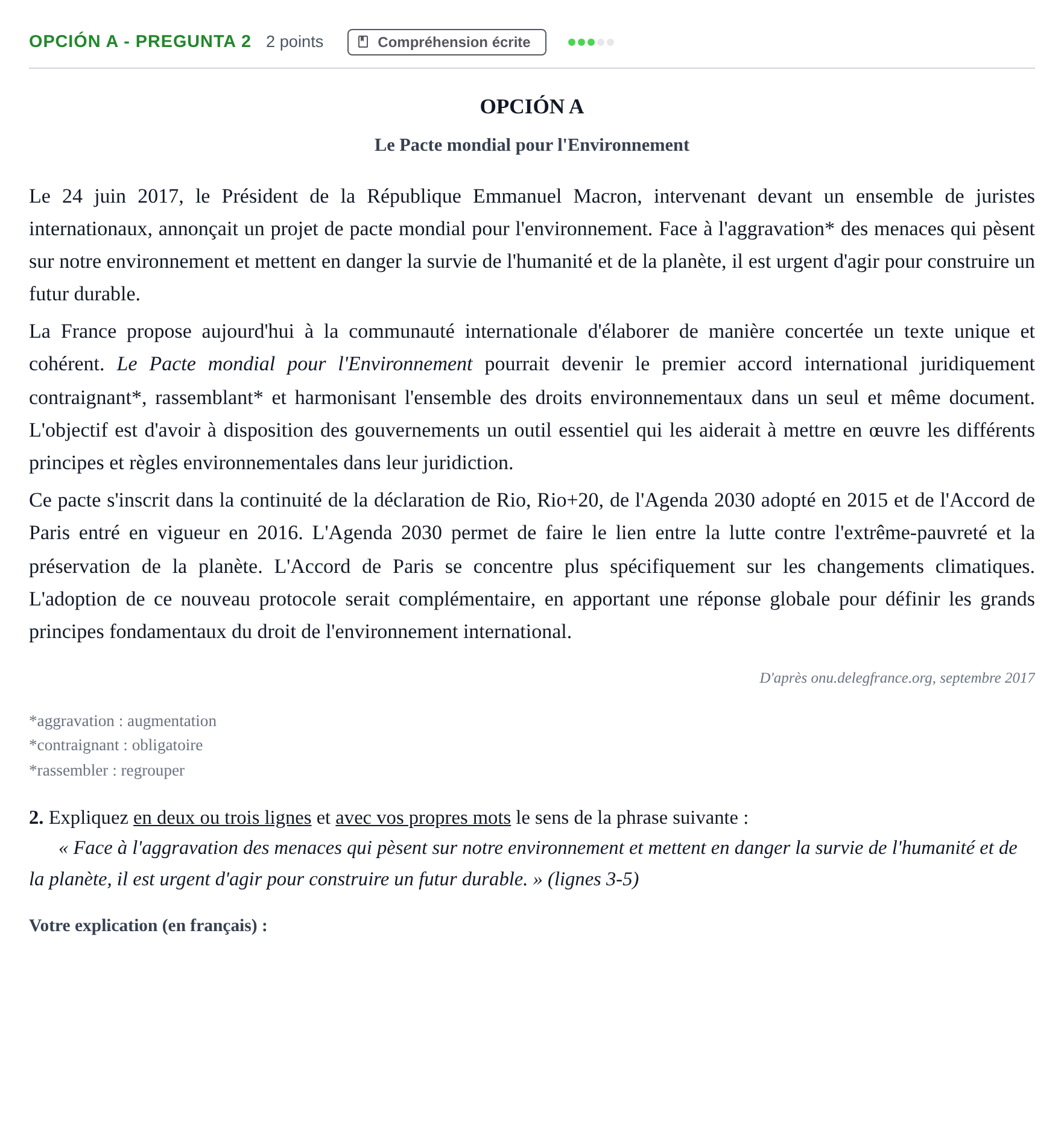 Enunciado: Opción A - Pregunta 2 · Francés PAU Madrid Ordinaria 2018