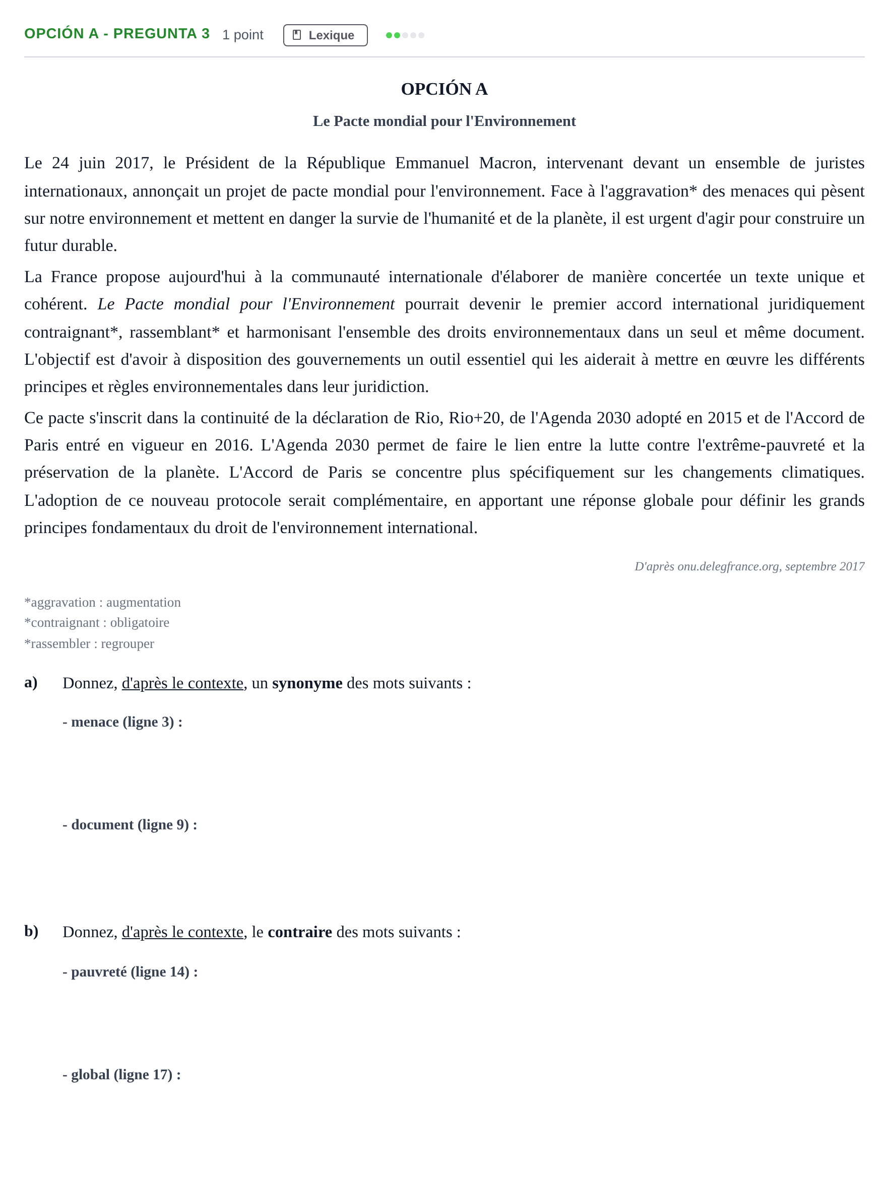 Enunciado: Opción A - Pregunta 3 · Francés PAU Madrid Ordinaria 2018