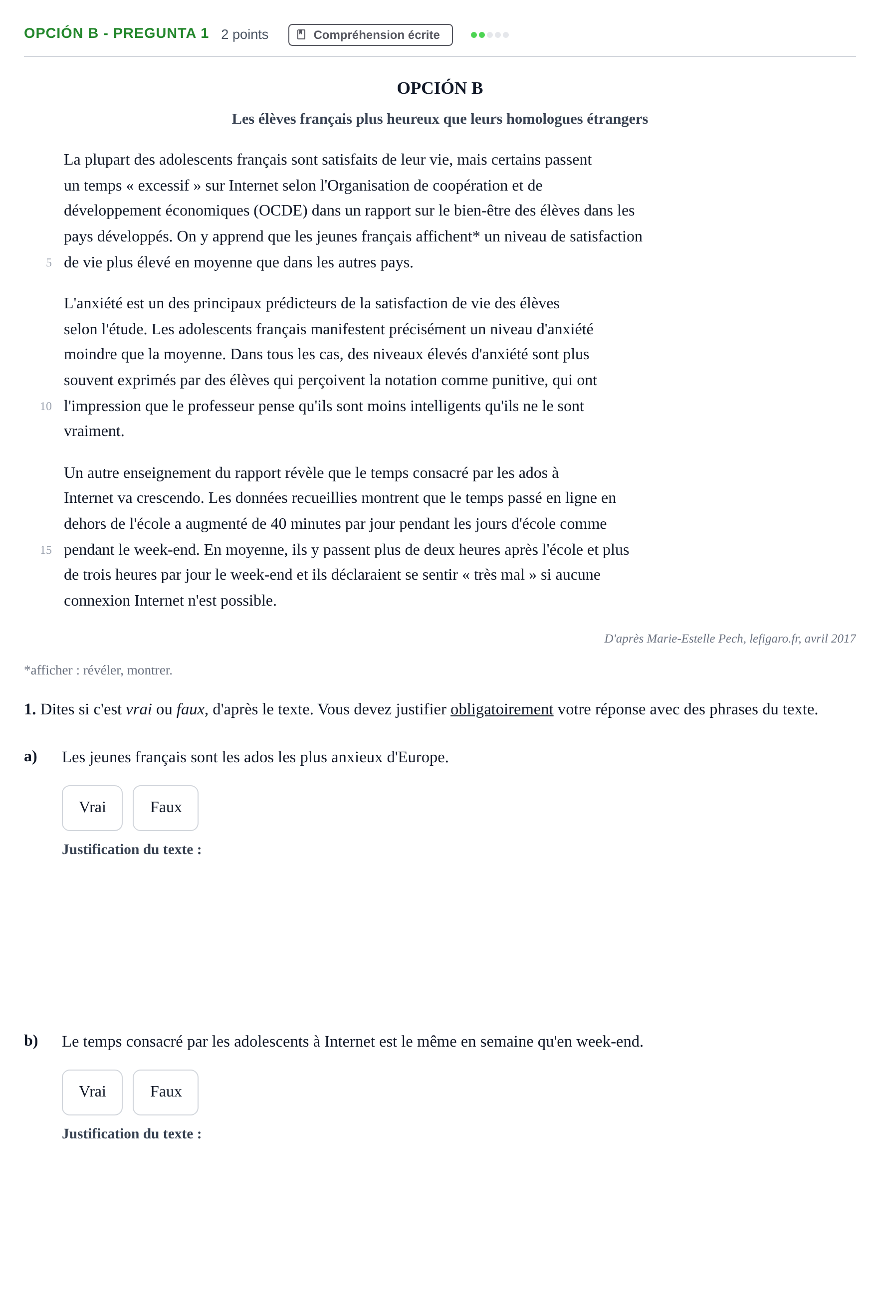 Enunciado: Opción B - Pregunta 1 · Francés PAU Madrid Ordinaria 2018