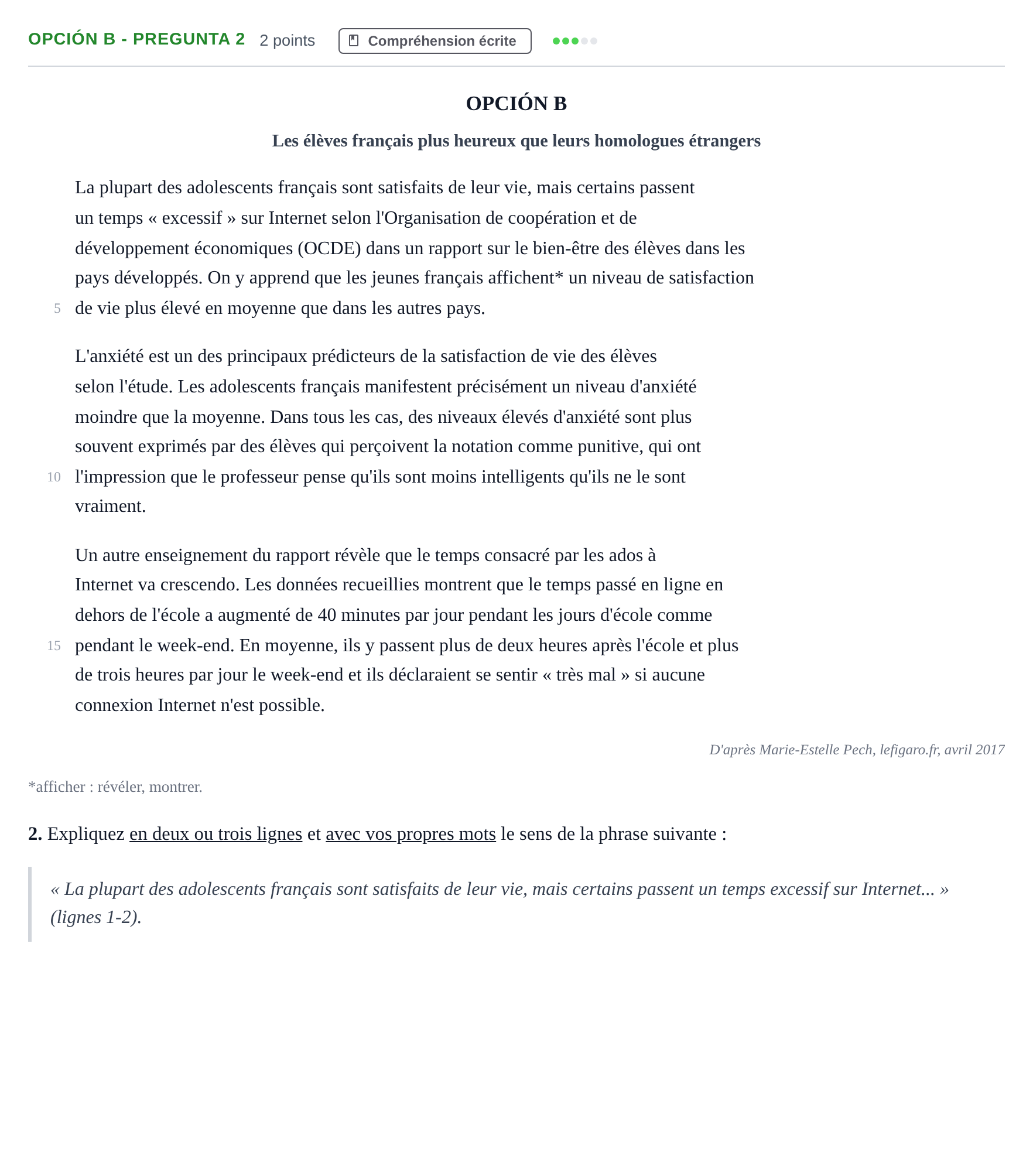 Enunciado: Opción B - Pregunta 2 · Francés PAU Madrid Ordinaria 2018