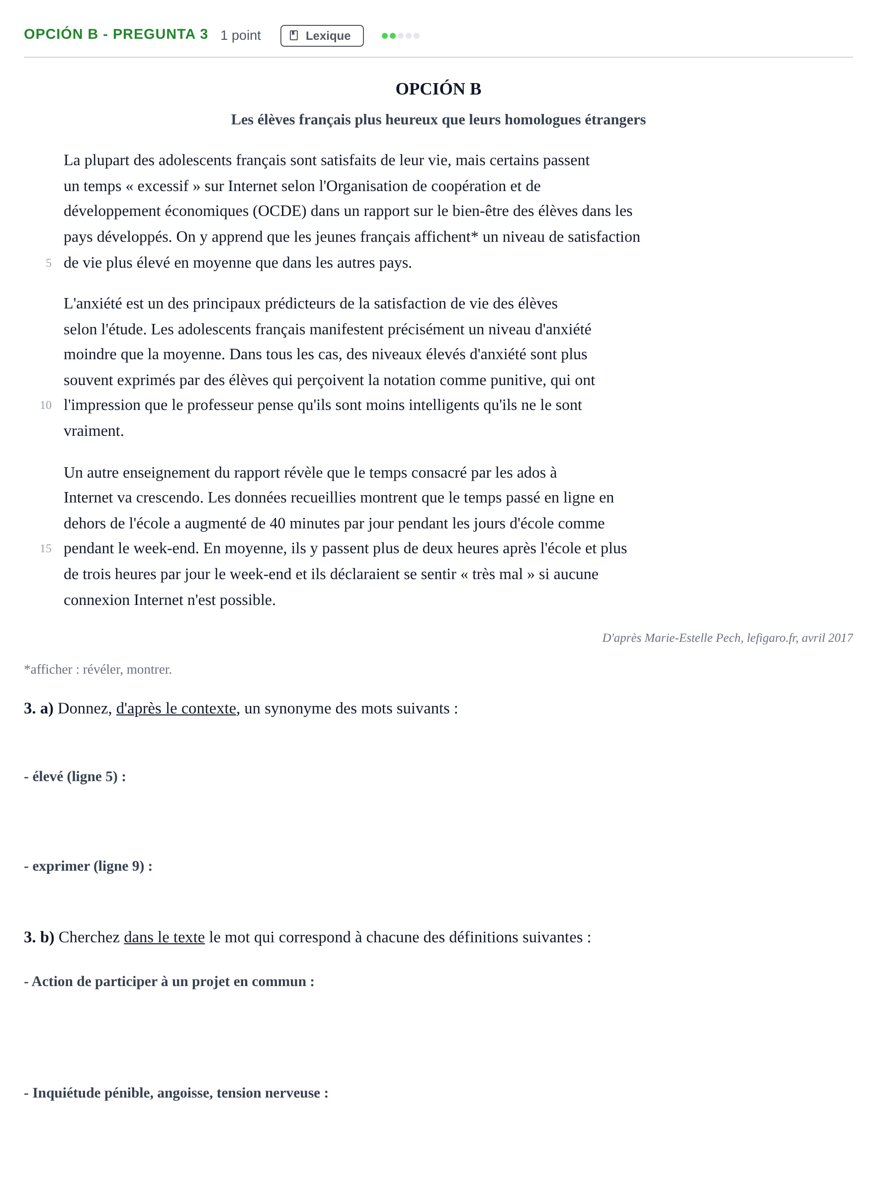 Enunciado: Opción B - Pregunta 3 · Francés PAU Madrid Ordinaria 2018