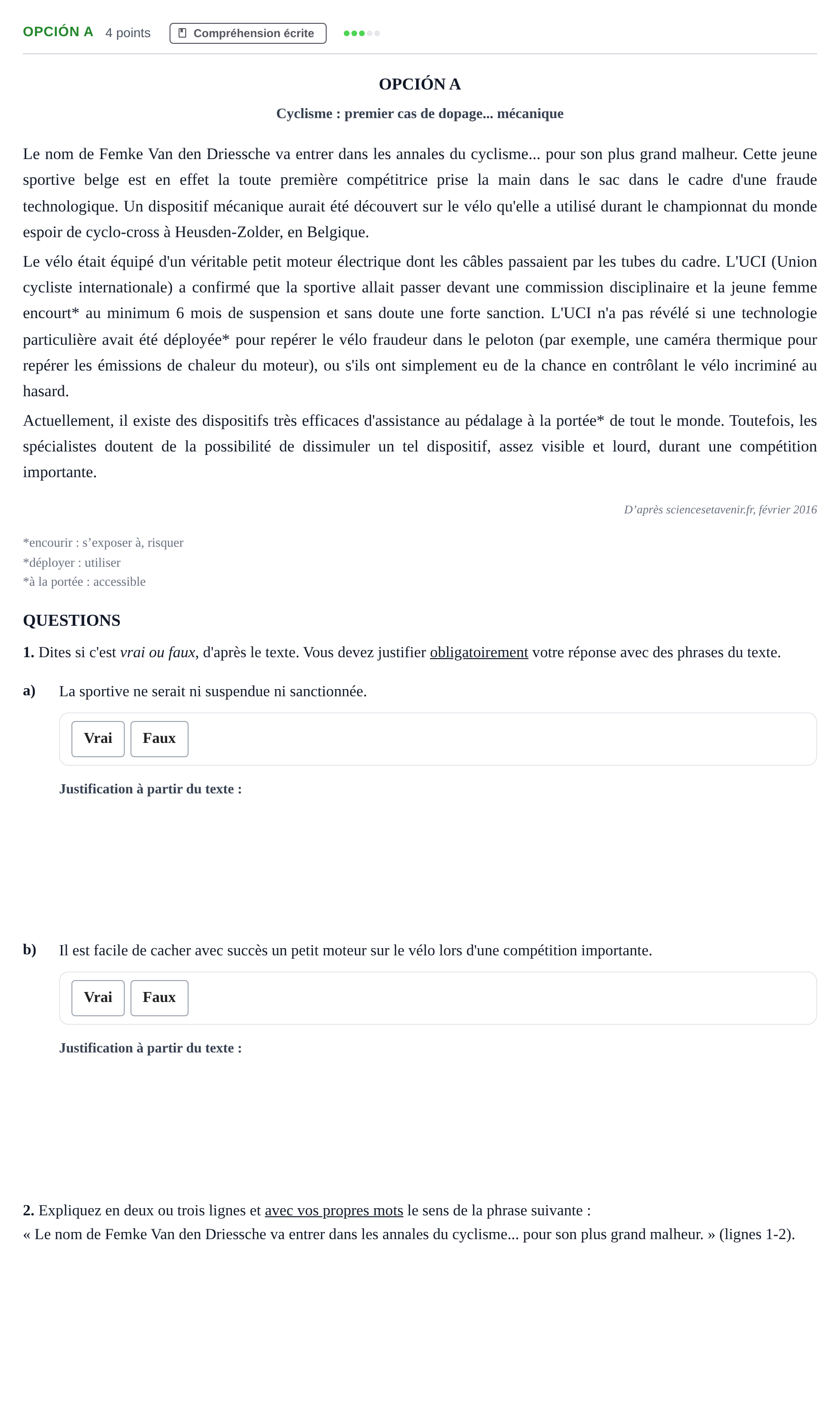 Enunciado: Opción A · Francés PAU Madrid Ordinaria (2ª lengua) 2018