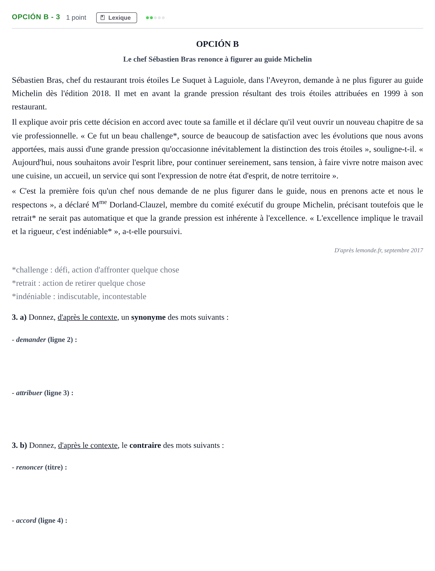 Enunciado: Opción B - 3 · Francés PAU Madrid Ordinaria (2ª lengua) 2018