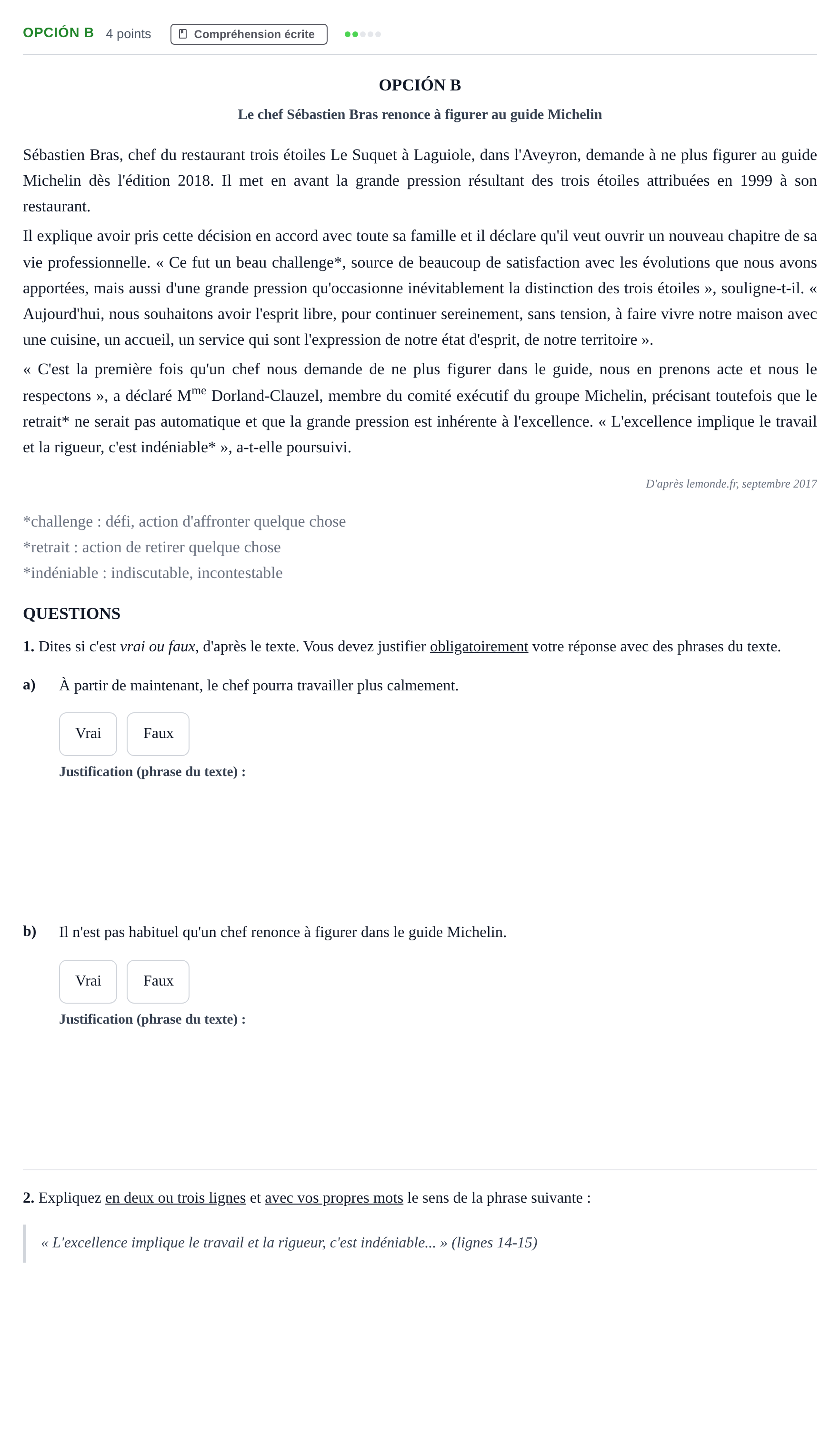 Enunciado: Opción B · Francés PAU Madrid Ordinaria (2ª lengua) 2018