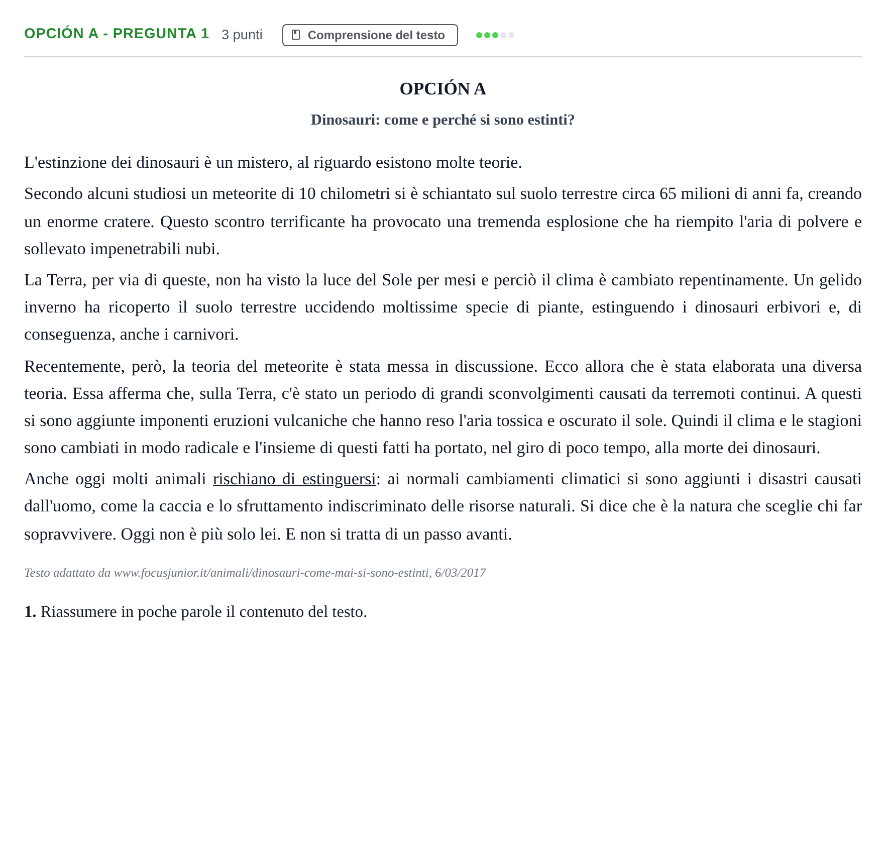 Enunciado: Opción A - Pregunta 1 · Italiano PAU Madrid Extraordinaria (2ª lengua) 2018
