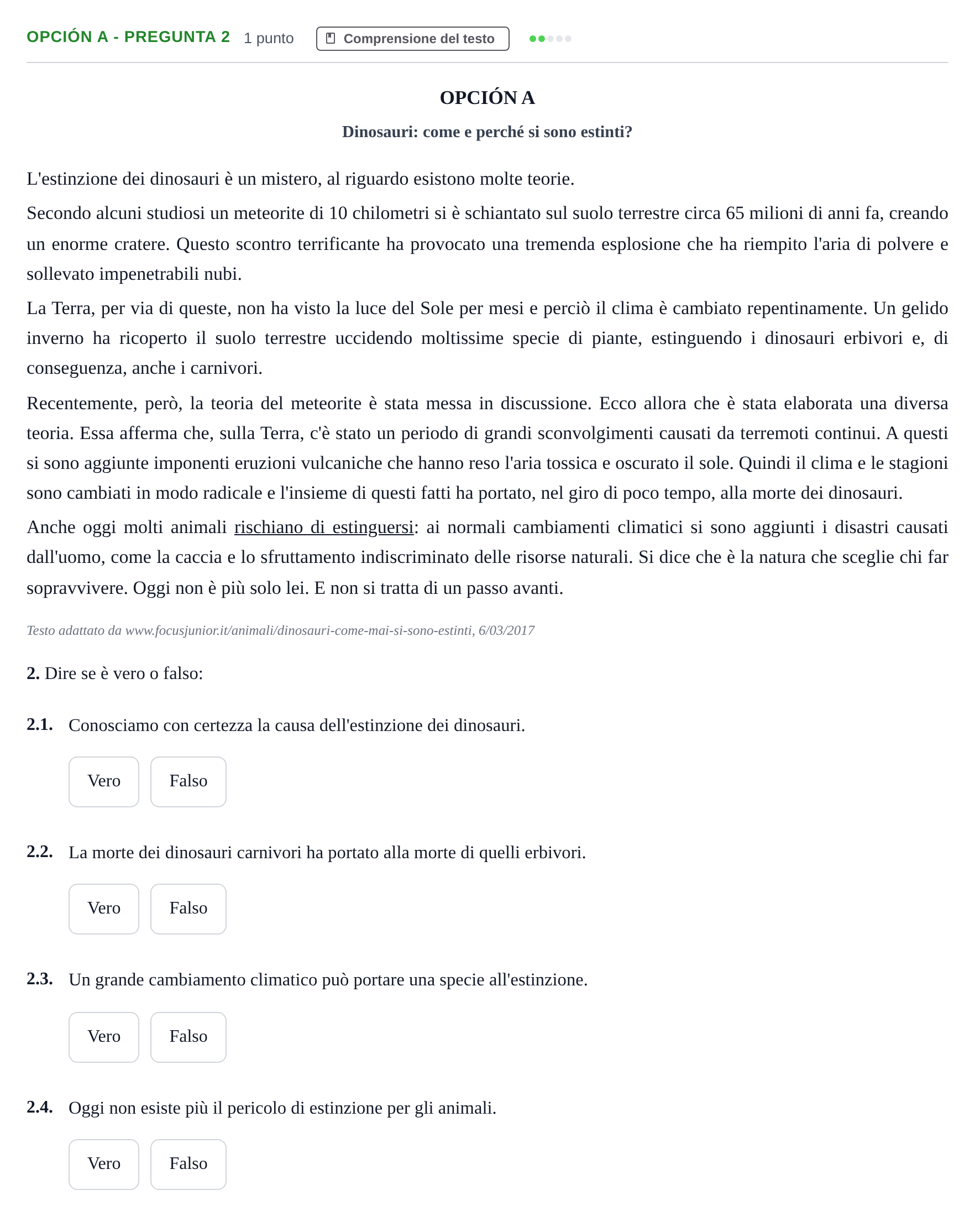 Enunciado: Opción A - Pregunta 2 · Italiano PAU Madrid Extraordinaria (2ª lengua) 2018