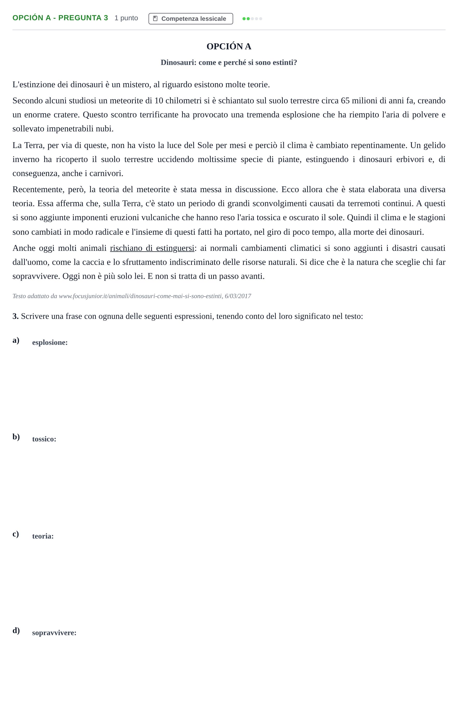 Enunciado: Opción A - Pregunta 3 · Italiano PAU Madrid Extraordinaria (2ª lengua) 2018
