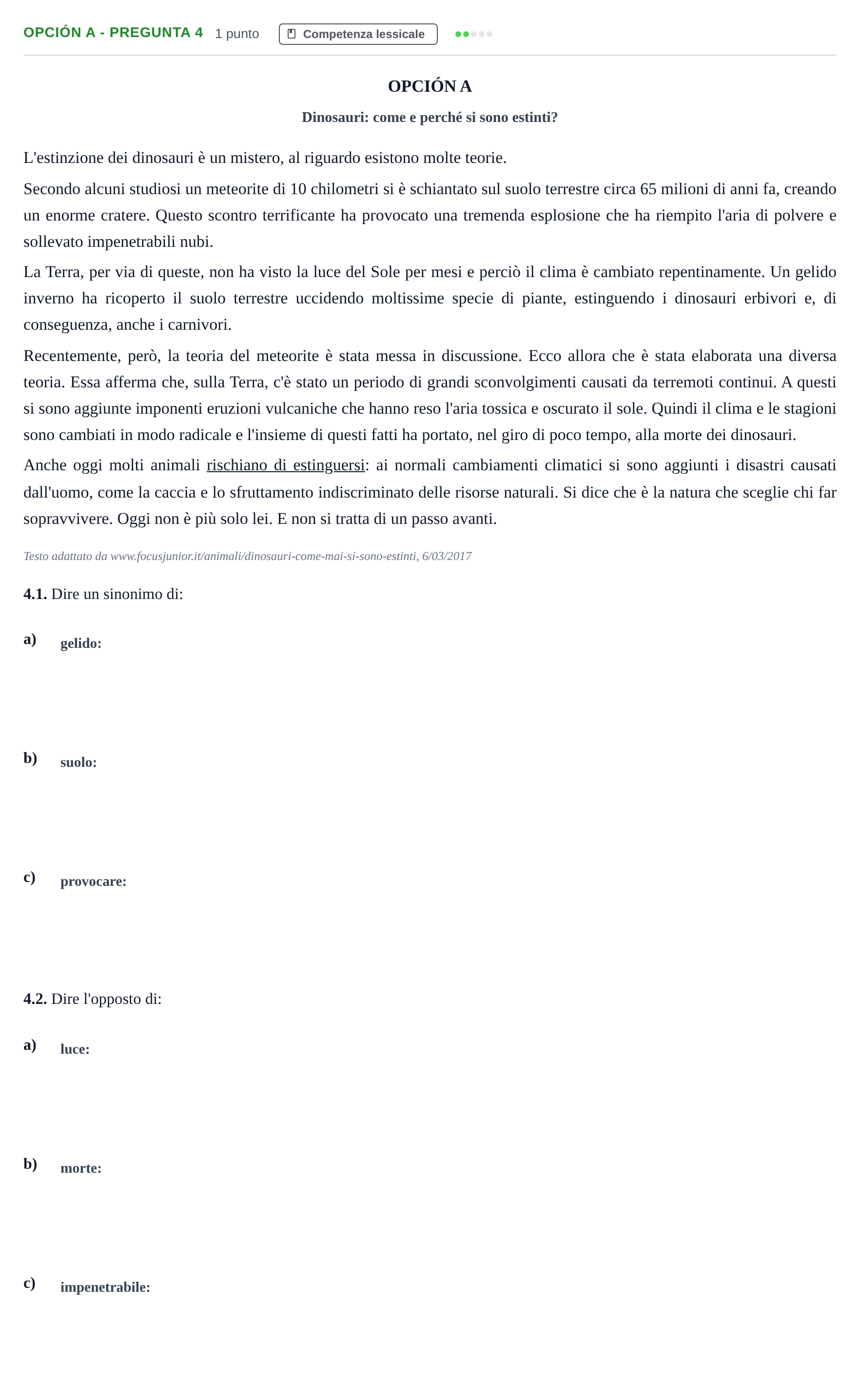 Enunciado: Opción A - Pregunta 4 · Italiano PAU Madrid Extraordinaria (2ª lengua) 2018
