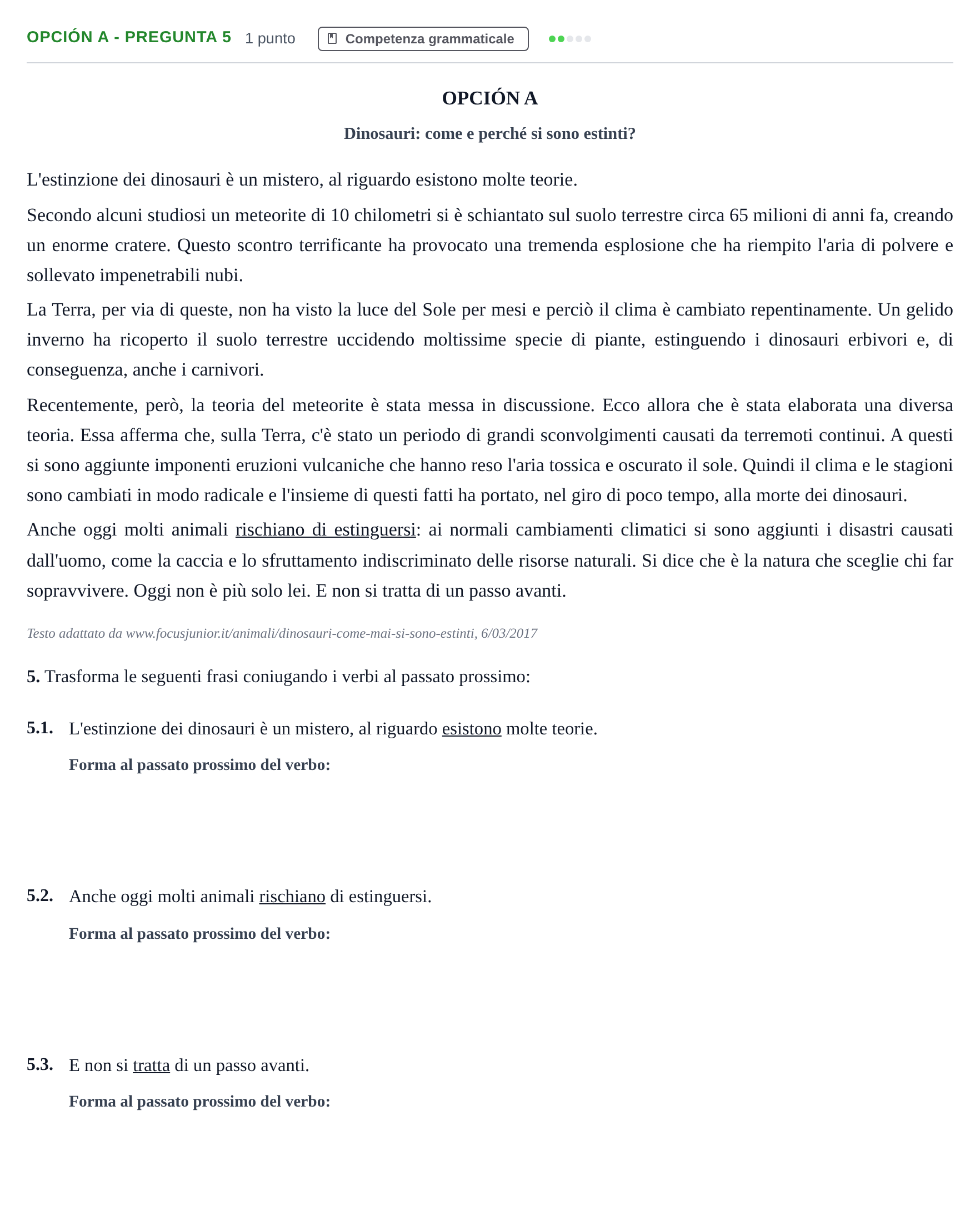 Enunciado: Opción A - Pregunta 5 · Italiano PAU Madrid Extraordinaria (2ª lengua) 2018