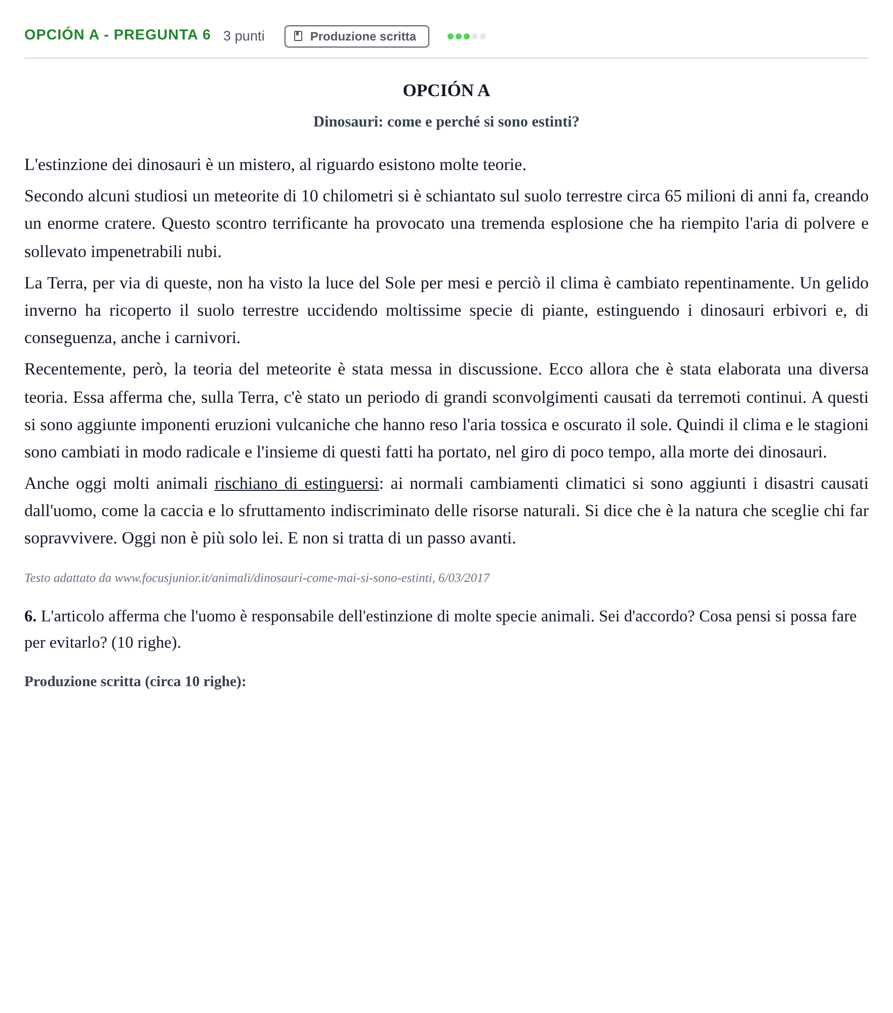 Enunciado: Opción A - Pregunta 6 · Italiano PAU Madrid Extraordinaria (2ª lengua) 2018