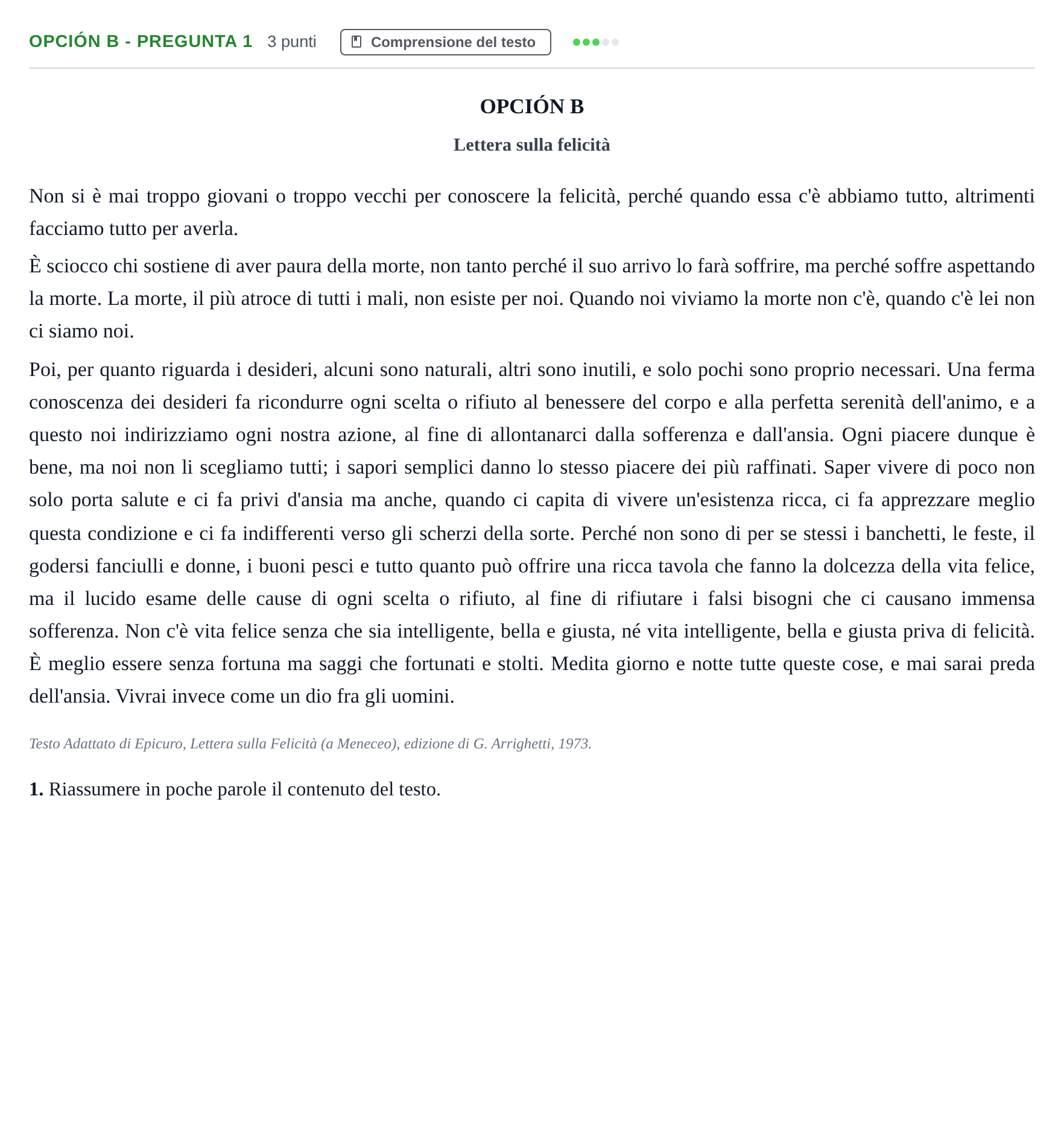Enunciado: Opción B - Pregunta 1 · Italiano PAU Madrid Extraordinaria (2ª lengua) 2018