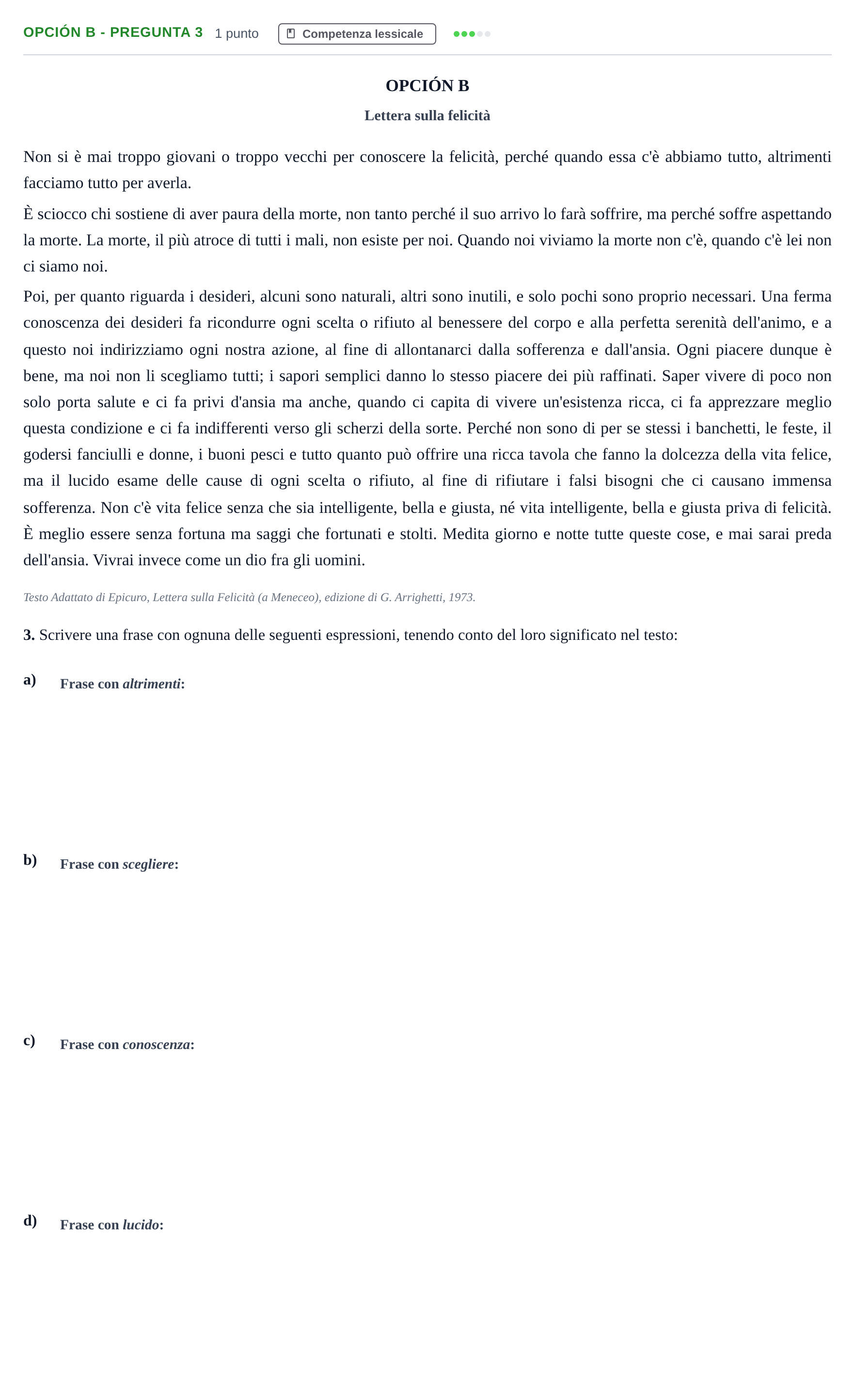 Enunciado: Opción B - Pregunta 3 · Italiano PAU Madrid Extraordinaria (2ª lengua) 2018
