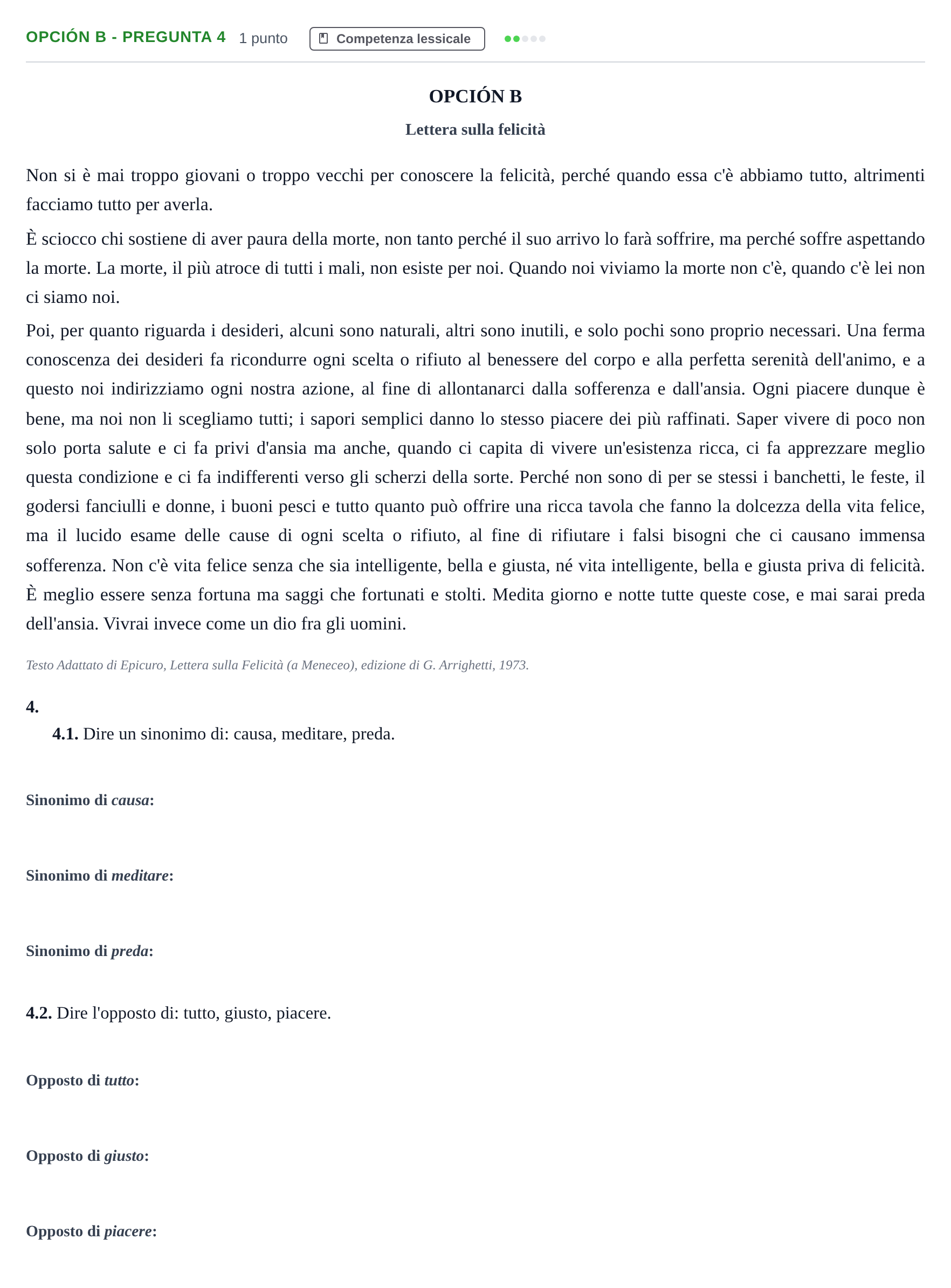 Enunciado: Opción B - Pregunta 4 · Italiano PAU Madrid Extraordinaria (2ª lengua) 2018
