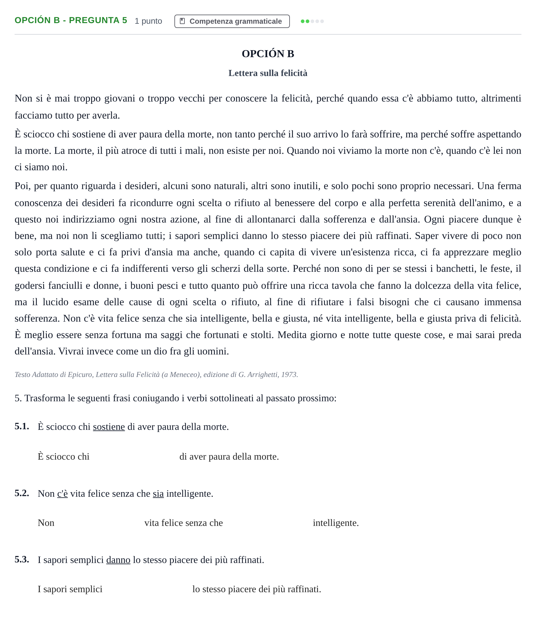 Enunciado: Opción B - Pregunta 5 · Italiano PAU Madrid Extraordinaria (2ª lengua) 2018