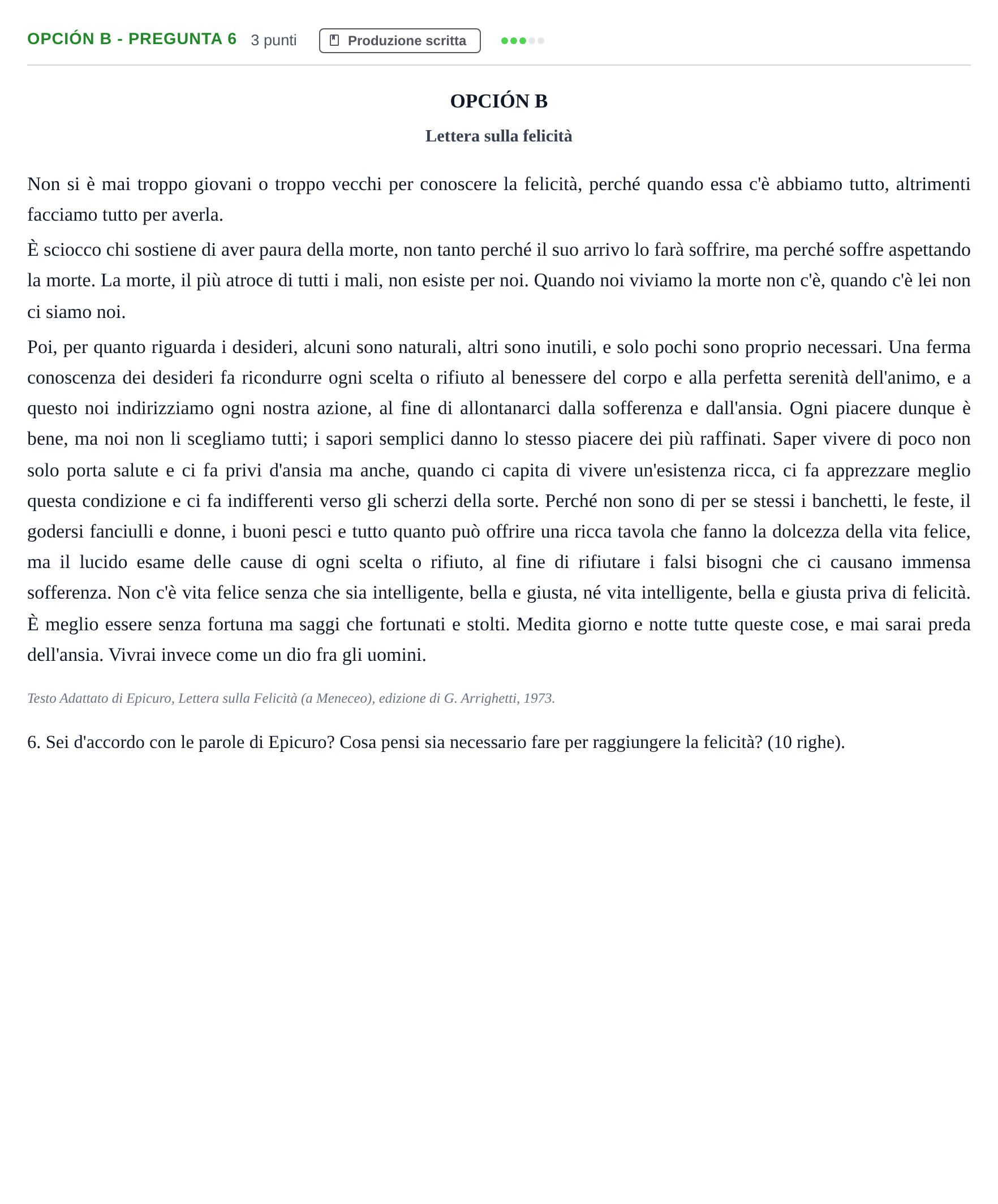 Enunciado: Opción B - Pregunta 6 · Italiano PAU Madrid Extraordinaria (2ª lengua) 2018