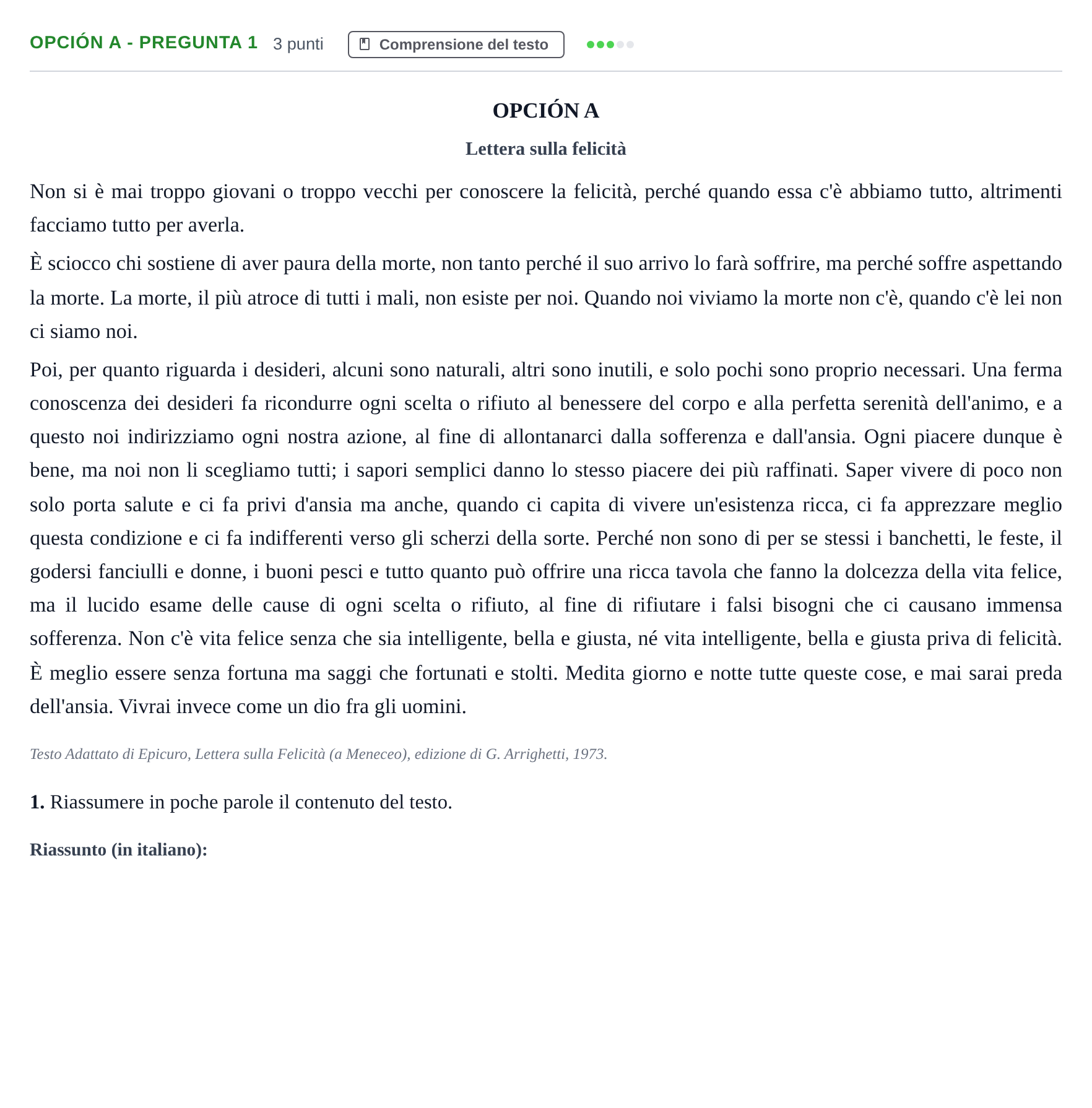 Enunciado: Opción A - Pregunta 1 · Italiano PAU Madrid Modelo 2018