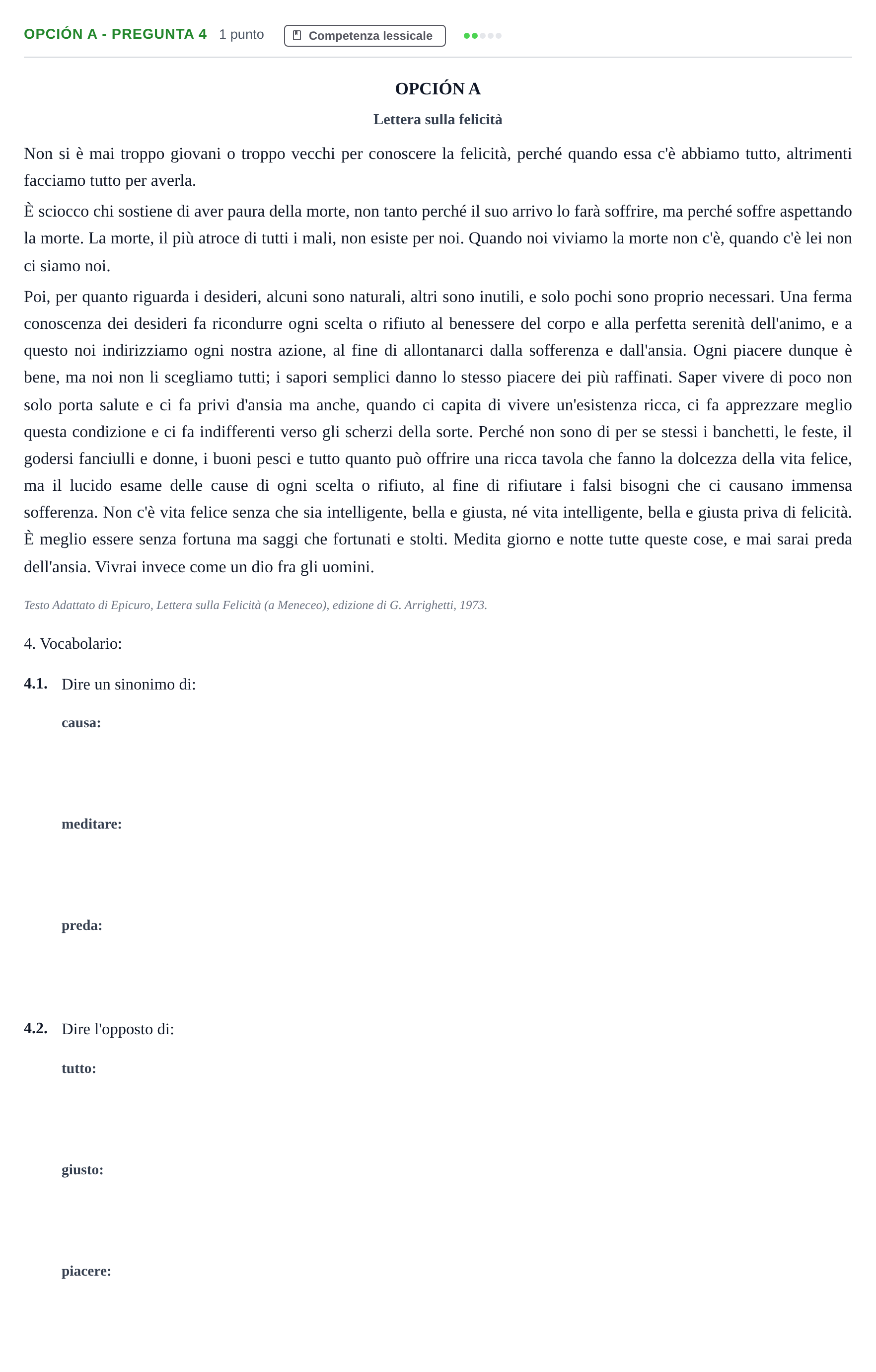 Enunciado: Opción A - Pregunta 4 · Italiano PAU Madrid Modelo 2018